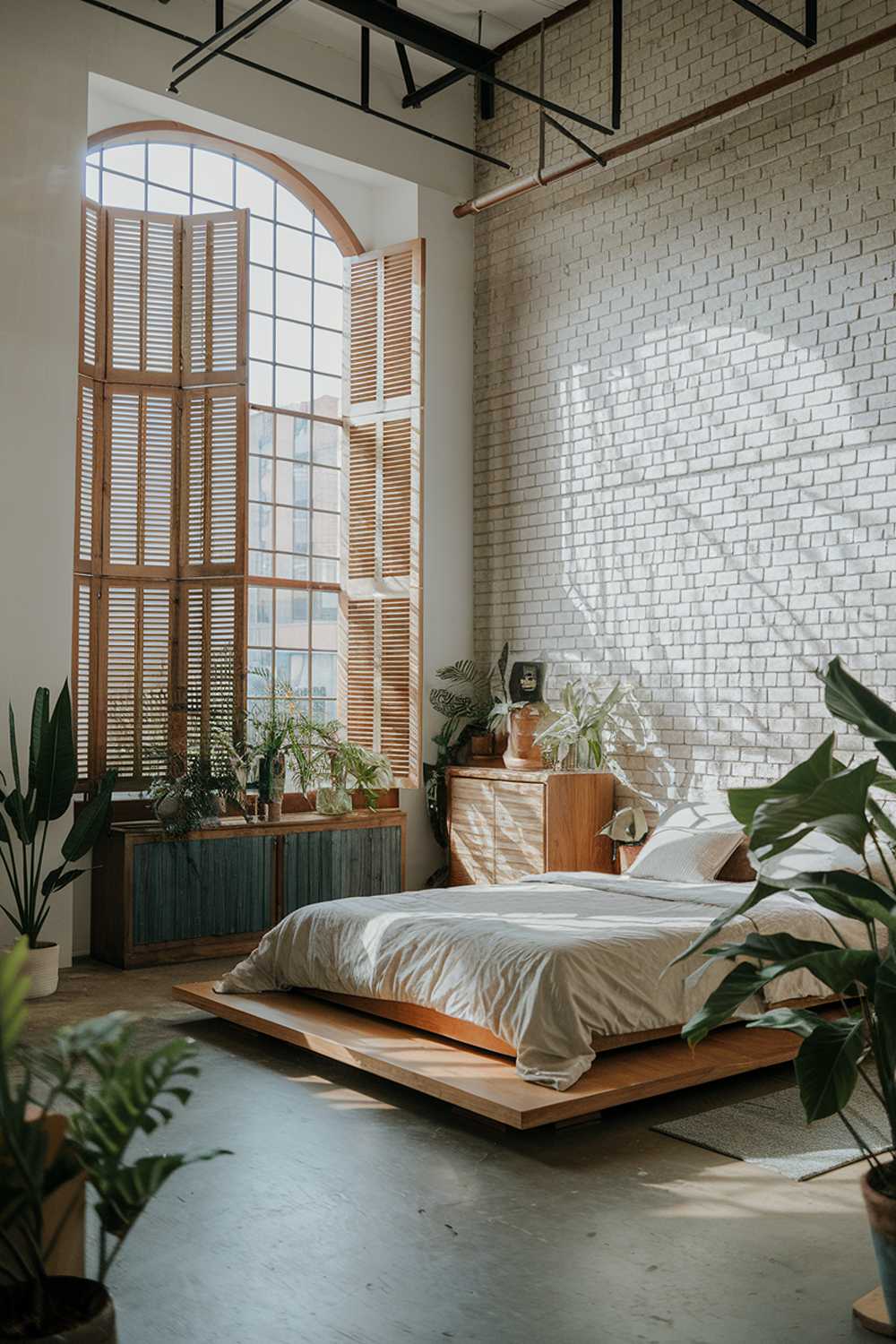 An  industrial bedroom design and decor. The room has a high ceiling and is filled with natural light. There is a large window with wooden shutters. The walls are exposed bricks. The bed is placed on a wooden platform. The bed has a neutral color and is placed against the wall. There is a wooden cabinet next to the bed. The floor is made of concrete. There are potted plants in the room.