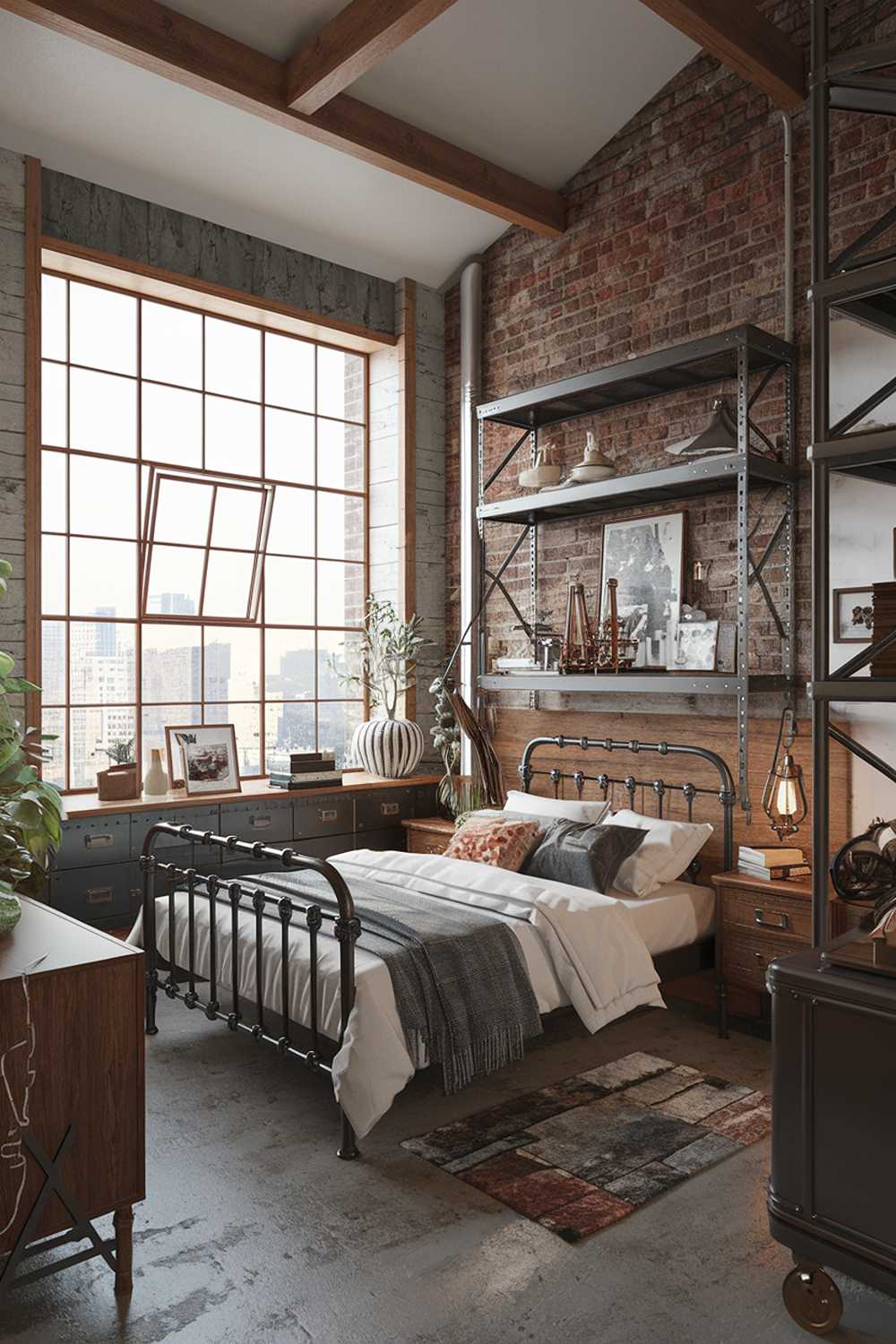 An industrial bedroom design and decor. The room has a high ceiling, exposed brick walls, and wooden beams. There's a large window with industrial-style frames. The furniture includes a metal bed frame, a wooden dresser, and a metal shelf. The floor is made of concrete. There's a vintage-style lamp on the bedside table. The room has a few decorative items, such as a plant, a photo frame, and a wooden box. The overall design is a blend of cozy and industrial elements.