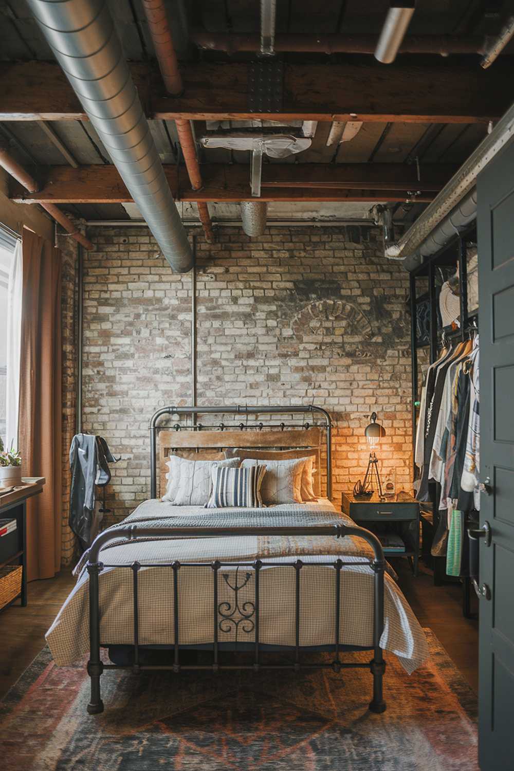 A cozy industrial bedroom with stylish decor. The room has a brick wall, exposed pipes, and a wooden beam across the ceiling. There's a bed with a metal frame and a wooden headboard. The bed is placed near the brick wall. There's a nightstand with a lamp next to the bed. The room has a rug and a few items of clothing. There's a door to the right. The lighting is warm and soft.