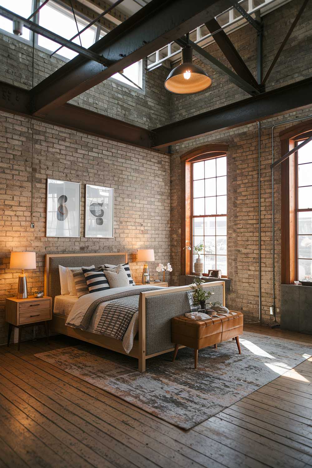 A stylish cozy industrial bedroom design and decor. The room has a high ceiling and is filled with natural light. The walls are exposed brick, and there are steel beams visible. The bed has a wood frame and is placed on a rug. There is a wooden nightstand next to the bed with a lamp. The floor has wooden planks. The room has a few pieces of art on the wall. The lighting is warm.