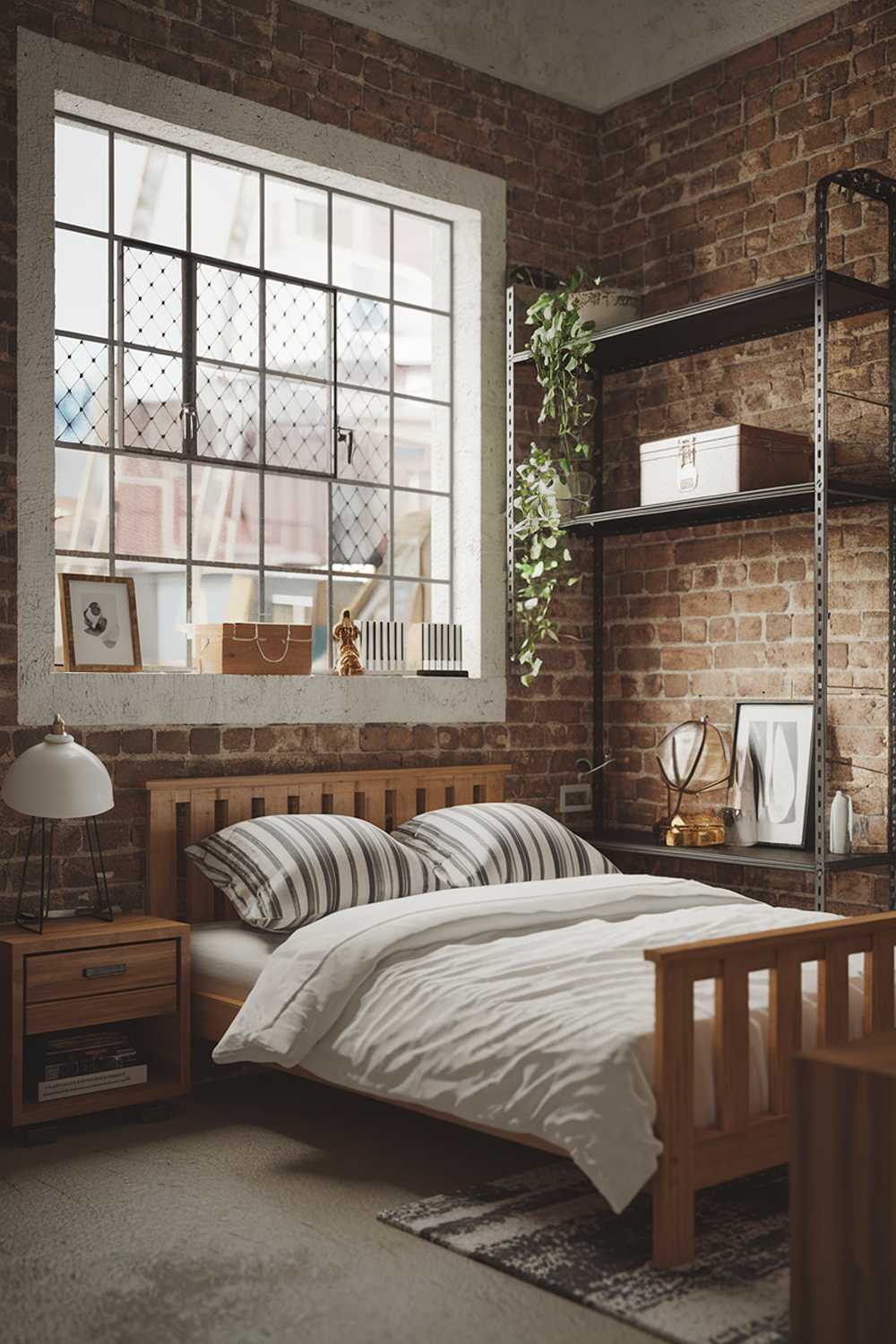 An industrial bedroom design and decor. The room has a wooden bed with a white duvet and two striped pillows. There's a wooden nightstand next to the bed with a white lamp. The walls are exposed brick. There's a large window with a grate. The floor is concrete. There's a metal shelf above the bed with a green plant. The room has a few personal items such as a wooden box and a framed picture.