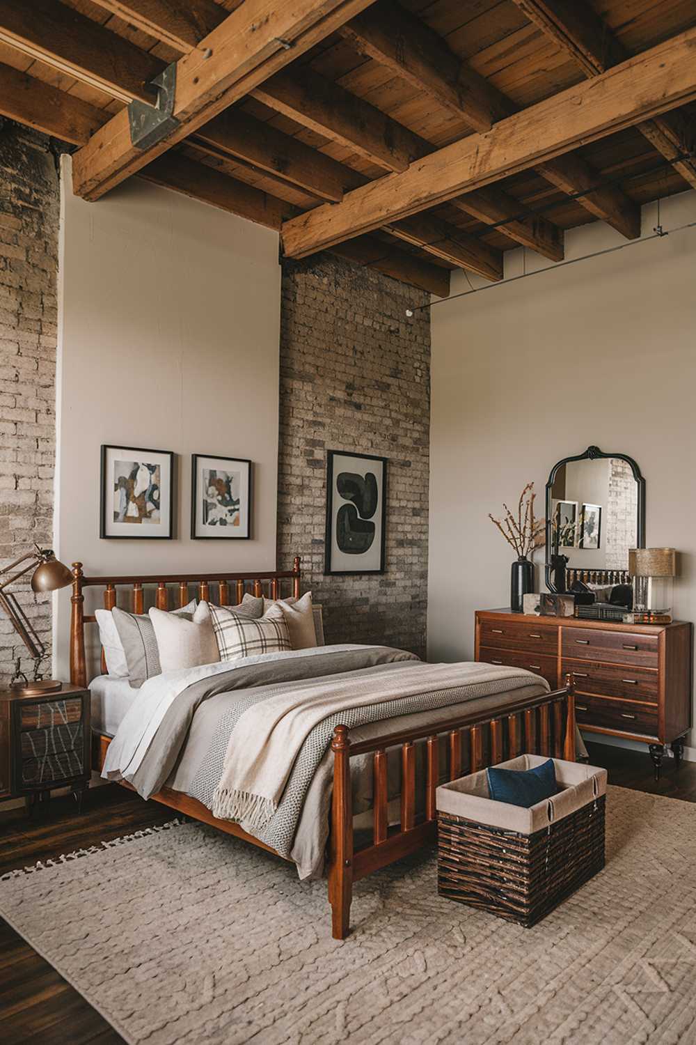 An industrial bedroom design and decor. The room has a high ceiling with exposed wooden beams and brick walls. There's a queen-size bed with a wooden frame and a grey comforter. The room has a vintage rustic lamp on the nightstand. There's a wooden dresser with a mirror and a woven basket at the foot of the bed. The floor is covered with a beige rug. The walls have a few pieces of art.