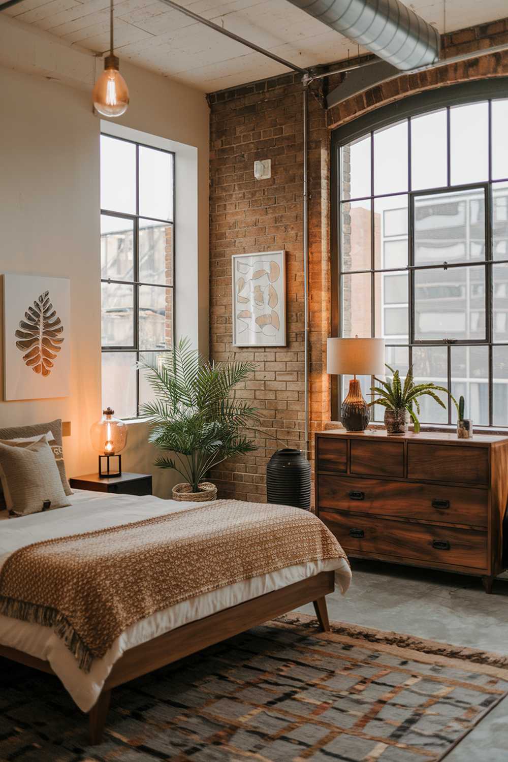 A stylish industrial bedroom design and decor. The room has a high ceiling, exposed brick walls, and large windows. There's a wooden bed with a woven blanket and a few pillows. There's a wooden dresser with a lamp and a potted plant. A rug is placed on the floor. The room has a few pieces of art on the wall. The lighting is warm.