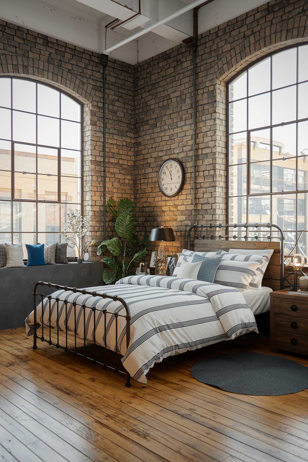 A cozy industrial bedroom design and decor. The room has a high ceiling and large windows with exposed brick walls. There is a metal bed frame with a wooden headboard. The bedding is white with blue stripes. There is a wooden nightstand next to the bed. The floor is made of wooden planks. There are various decorative items, such as a lamp, a plant, and a wall clock.