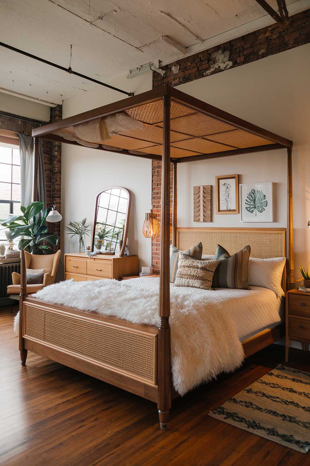 An industrial bedroom design and decor. The room has a high ceiling and exposed brick walls. There's a large bed with a wooden frame and a woven texture. The bed has a fluffy white duvet and several decorative pillows. There's a wooden dresser with a mirror next to the bed. The room has a reading chair near the window. The floor is made of hardwood. The room has a few potted plants and a lamp. The lighting is warm.