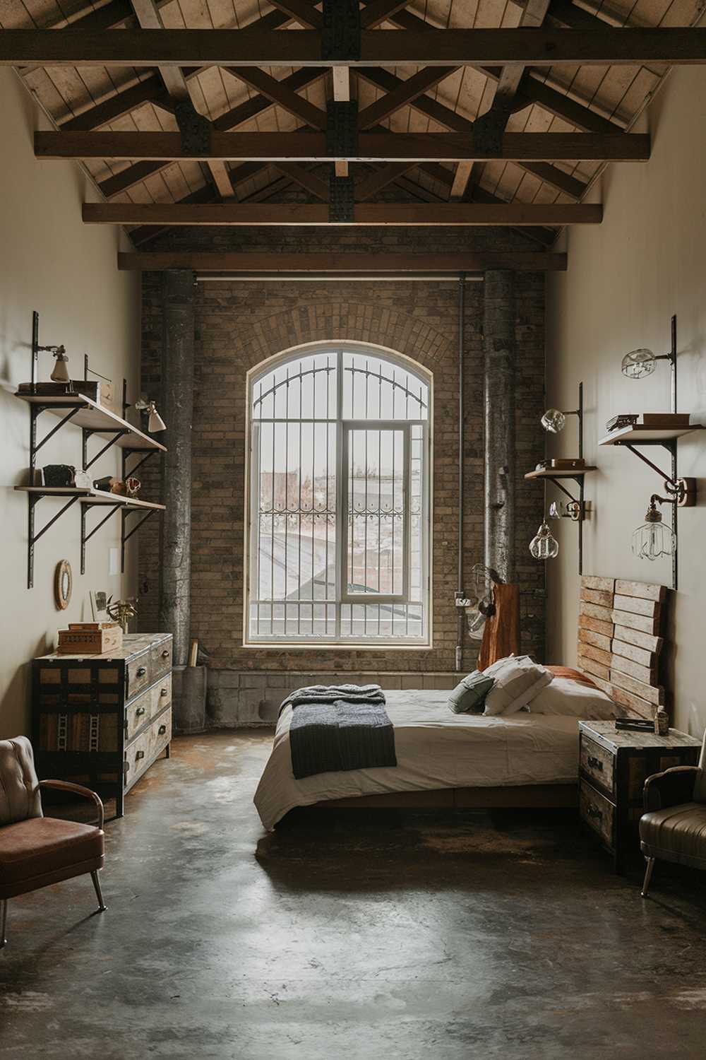 A cozy industrial bedroom with a stylish design. The room has a high ceiling with exposed wooden beams and brick walls. There is a large window with iron bars, allowing natural light to fill the room. The bed is placed against the wall opposite the window, with a wooden headboard. The floor is made of concrete. There are various pieces of furniture in the room: a nightstand, a dresser, and a chair. The furniture has a rustic, industrial style, with exposed wood and metal elements. The walls have shelves and a light fixture made of iron pipes.