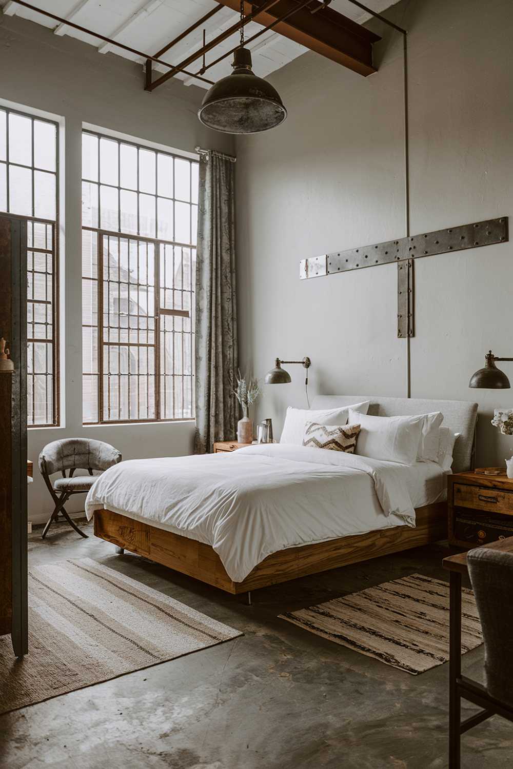 An industrial bedroom design. The room has a high ceiling and large windows with iron bars. There's a king-size bed with a wooden frame and a plush mattress. The bed is dressed with white linens and a few pillows. On the wall above the bed, there's a large light fixture made of iron. The floor is made of concrete and has a few rugs. There's a wooden nightstand beside the bed with a lamp. The room has a few pieces of furniture, including a wardrobe and a chair. The walls are painted a light gray color.