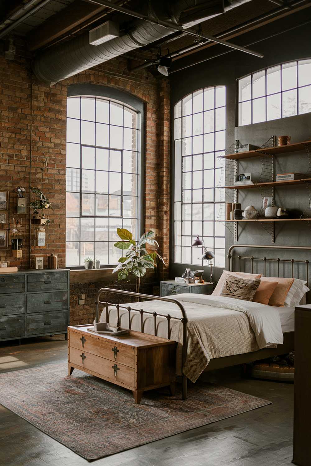 A stylish cozy industrial bedroom with a high ceiling and large windows. The room has a mix of wood and metal elements, including a wooden bed frame with a metal headboard, a wooden dresser, and metal shelves. The walls are exposed brick. The room is decorated with a few personal items, such as a potted plant, a lamp, and a rug. The floor is made of concrete.