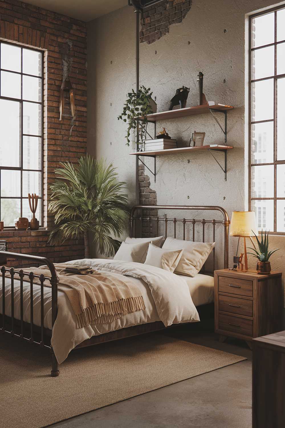 An industrial bedroom design and decor. The room has a rustic metal frame bed with a beige coverlet. There's a wooden nightstand beside the bed with a lamp and a plant. The wall has exposed bricks and a few nails. There's a beige rug on the floor. The room has a few pieces of decor, including a wooden shelf with a lamp and a few items, and a metal shelf with a few items. The room has a few windows, allowing natural light to fill the space.