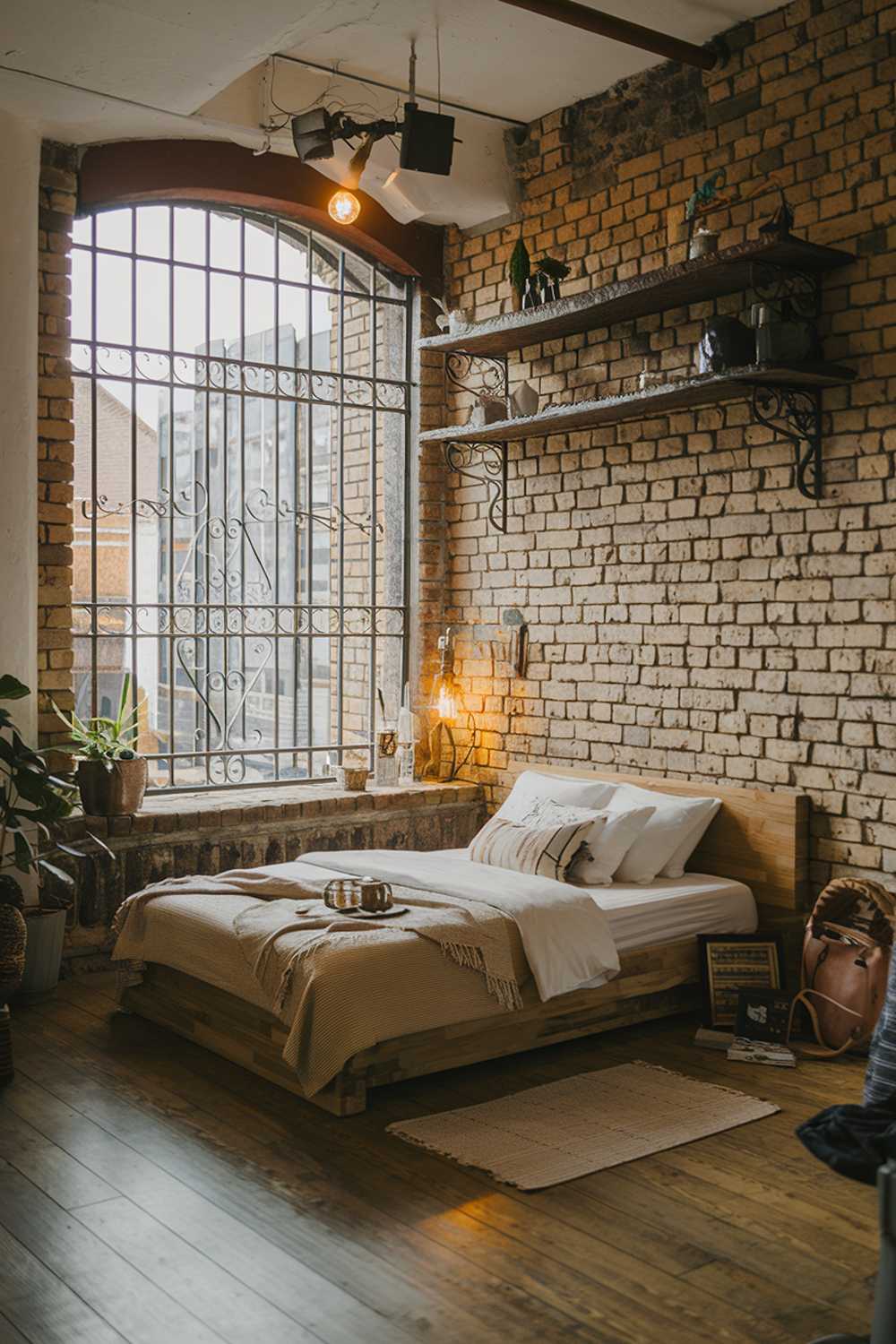 An industrial bedroom design and decor. The room features a lofted bed with a wooden frame, a large window with wrought iron bars, and exposed brick walls. There is a rustic wooden shelf above the bed. The floor is made of wooden planks. There is a lamp on the floor. The room has a few personal items, such as a plant, a photo frame, and a bag. The lighting is warm.