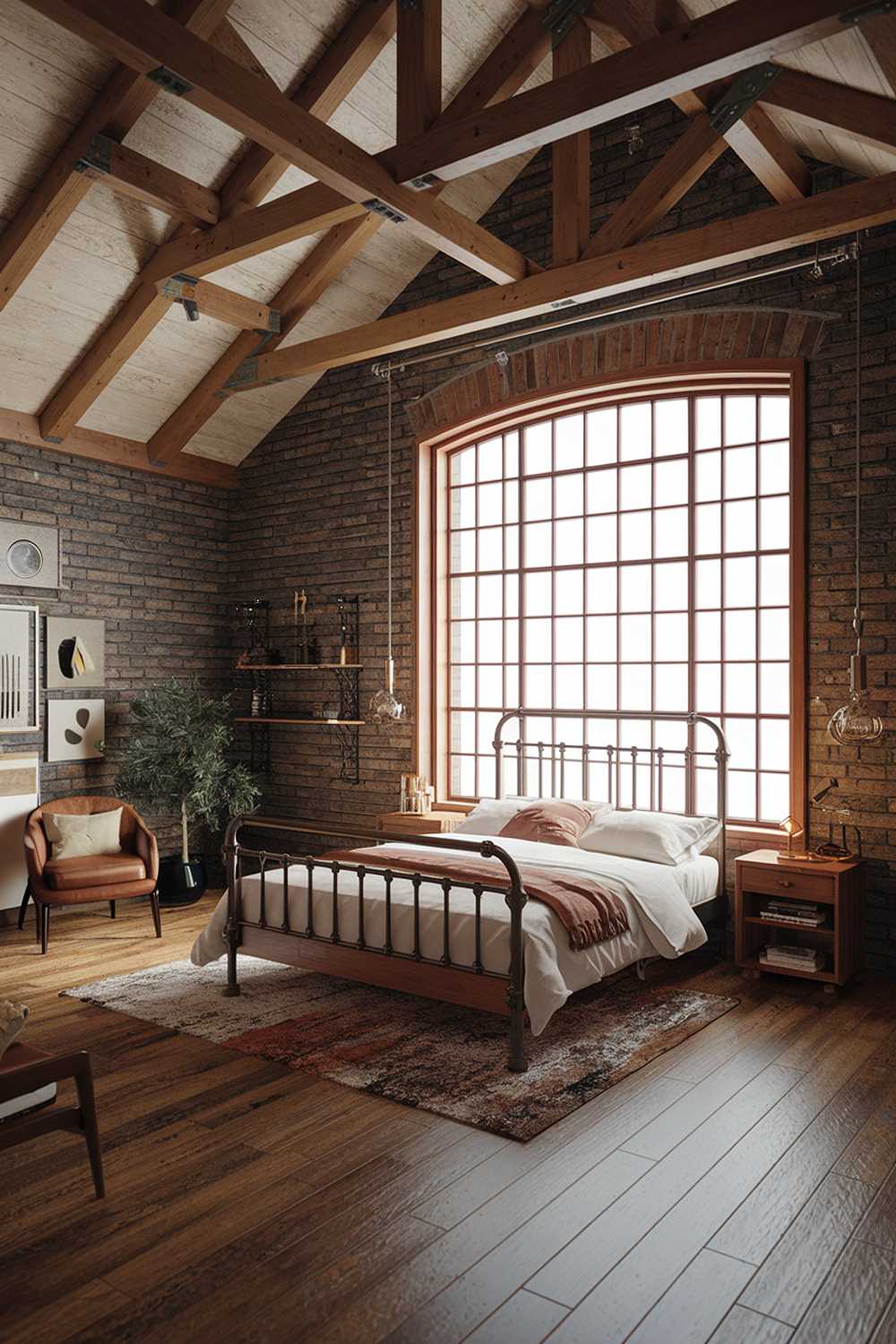 An industrial bedroom design and decor. The room has a high ceiling with exposed wooden beams. There's a large window with a grid pattern. The walls are made of brick. The floor is made of wooden planks. There's a metal bed with a wooden frame. The bed is placed on a rug. There's a wooden nightstand next to the bed. The room has a few pieces of furniture, including a chair and a shelf. The room has a few decorative items, such as a plant and a lamp.