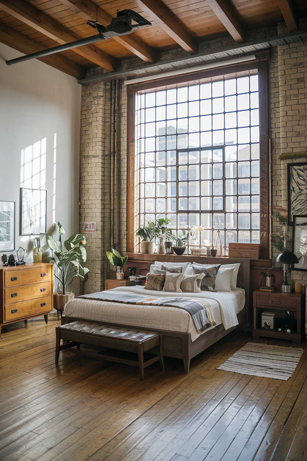 An industrial bedroom design and decor. The room has a high ceiling and is filled with natural light. There is a large window with metal bars. The walls have exposed brick and wooden beams. The floor is made of wooden planks. There is a large, comfortable bed with a wooden frame. The bed is placed against the wall opposite the window. There are several pieces of furniture, including a nightstand, a dresser, and a bench at the foot of the bed. The room has a mix of modern and vintage items. There are plants and decorative items scattered around the room.