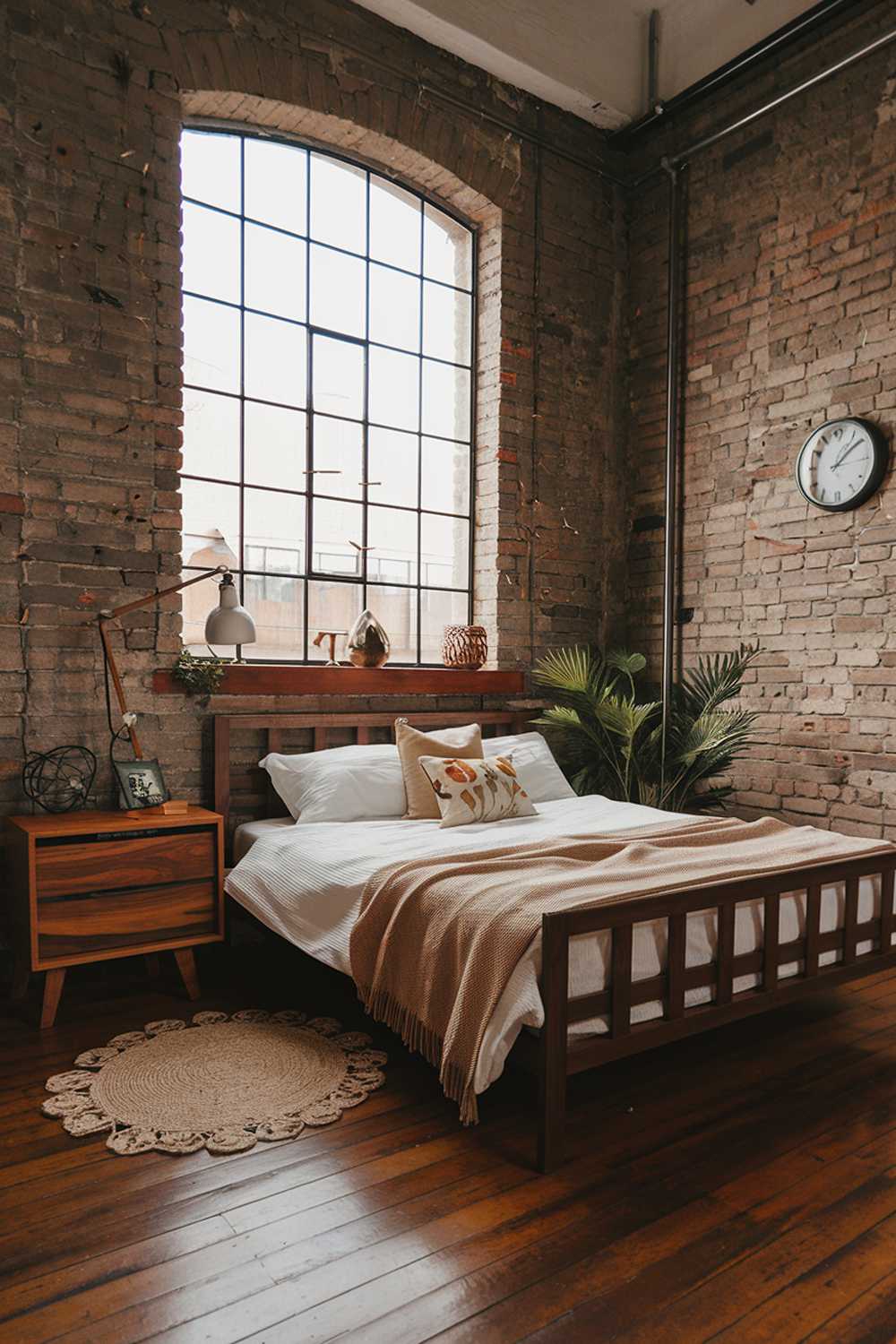 An industrial bedroom with a stylish design. The room features a queen-size bed with a wooden frame and a beige blanket. There is a wooden nightstand next to the bed, holding a lamp and a decorative item. The walls are exposed brick and have a few nails. The floor is made of wooden planks. There is a large window with a metal frame. The room has a few decorative items, including a potted plant and a wall clock.