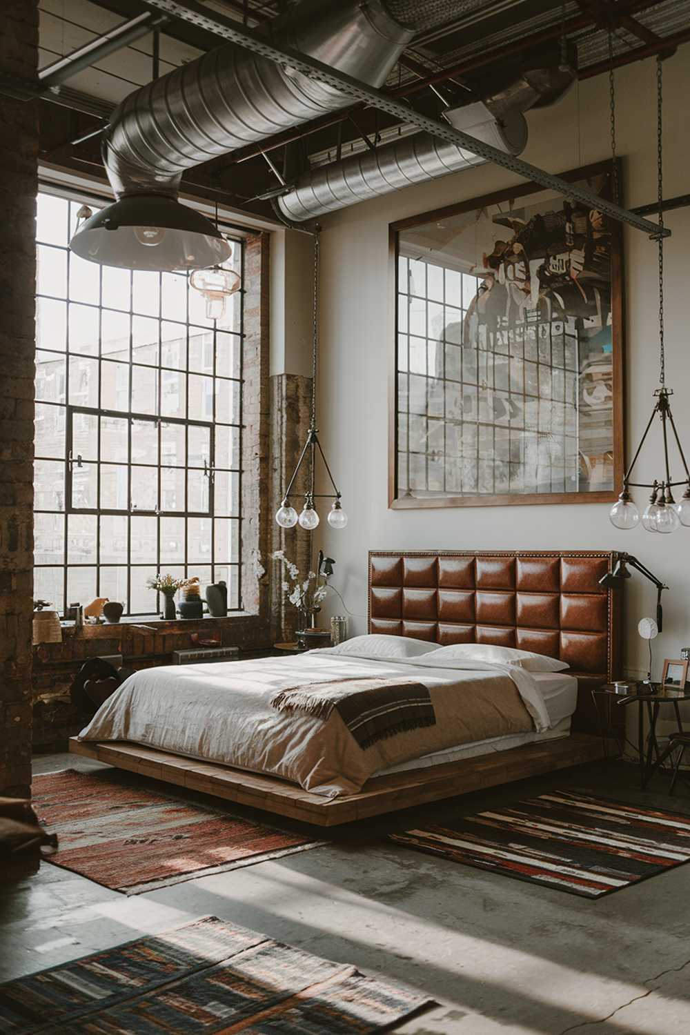 An industrial bedroom with a stylish design. The room has a high ceiling and is filled with natural light. There's a king-size bed with a leather headboard. The bed is placed on a wooden platform. There are several industrial-style light fixtures hanging from the ceiling. On the wall, there's a large, framed artwork. The floor is made of concrete and has a few rugs.