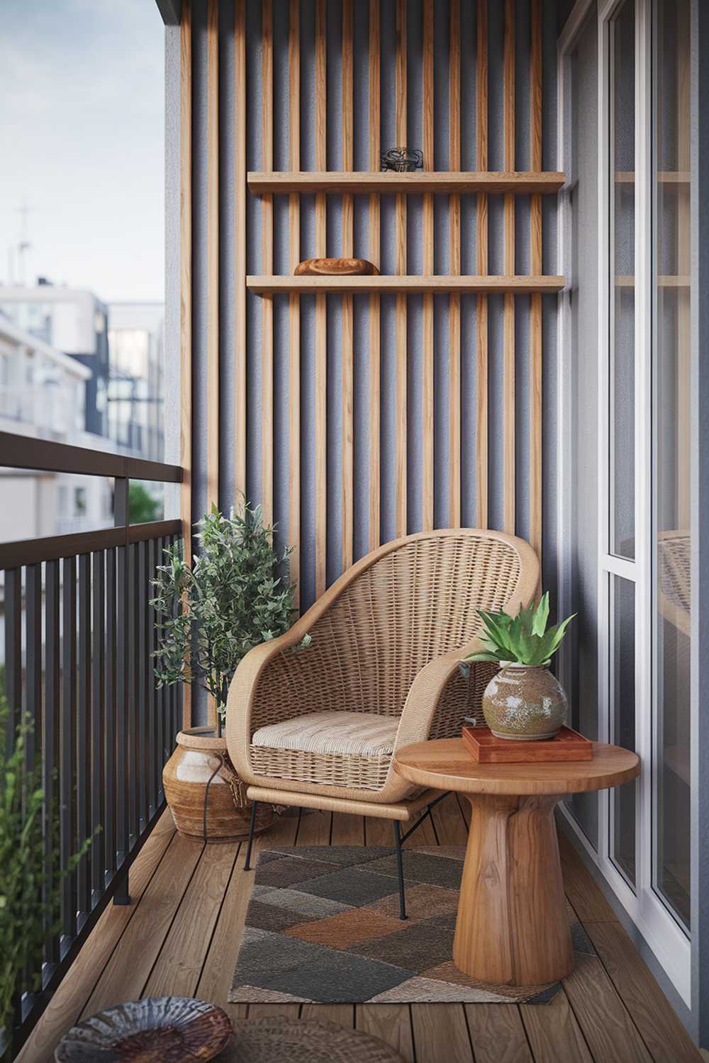 A Japandi balcony design and decor with a highly detailed aesthetic. The balcony features a wooden floor and railing. There's a wicker chair and a wooden side table. On the side table, there's a ceramic pot with a plant and a wooden box. The wall behind the chair has a wooden shelf with a few decorative items. The background reveals a cityscape with buildings.