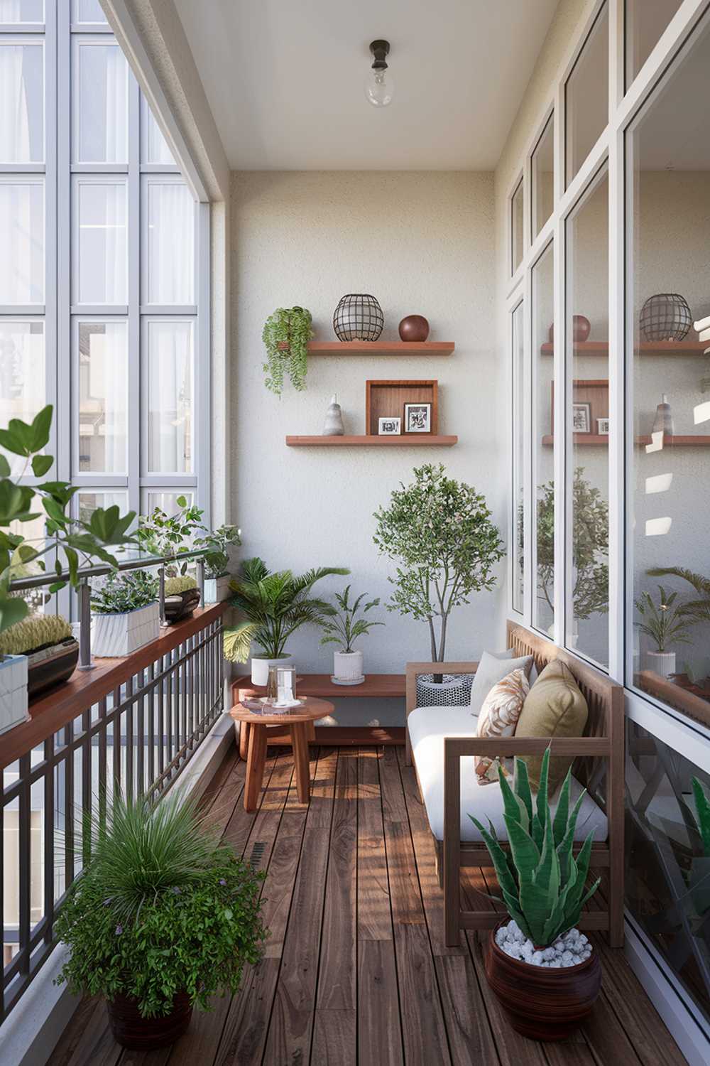 A Japandi balcony design and decor. The balcony features a wooden floor, a white railing, and a few potted plants. There is a wooden bench against the railing, and a small wooden table beside it. The wall has a few shelves with decorative items. The decor includes a few potted plants, a small wooden table, and a wooden bench. The background contains a building with large windows.