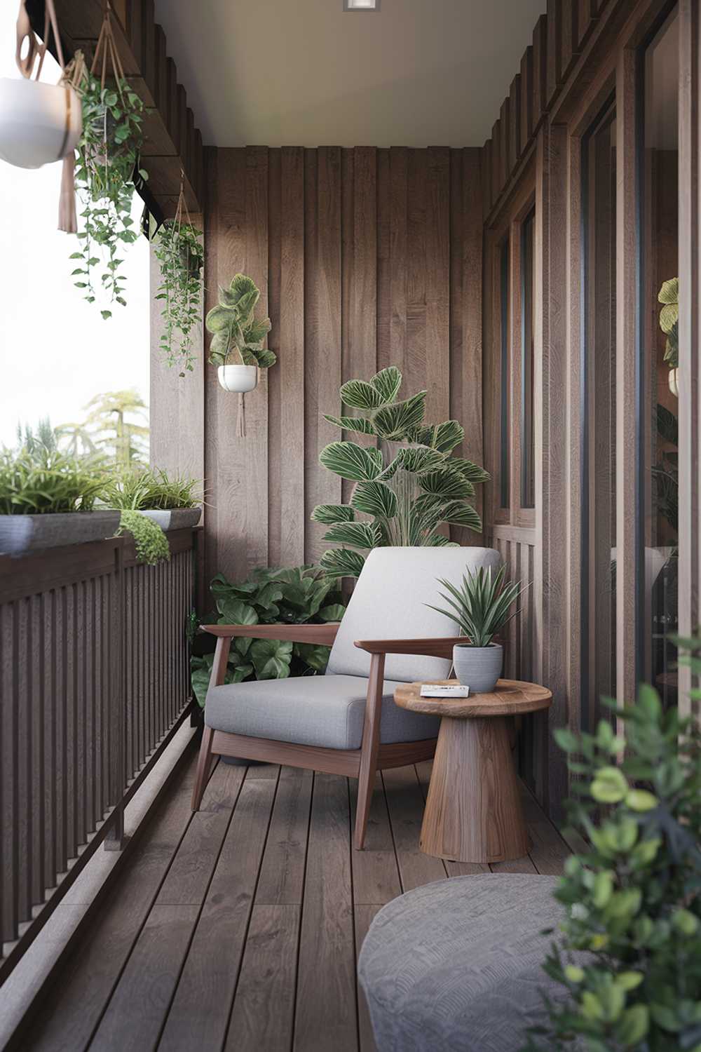 A japandi balcony design and decor. The balcony has a wooden floor and is furnished with a comfortable armchair and a wooden side table. There's a potted plant on the side table. The railing is made of wood. The walls have wooden panels. There are hanging plants near the railing.