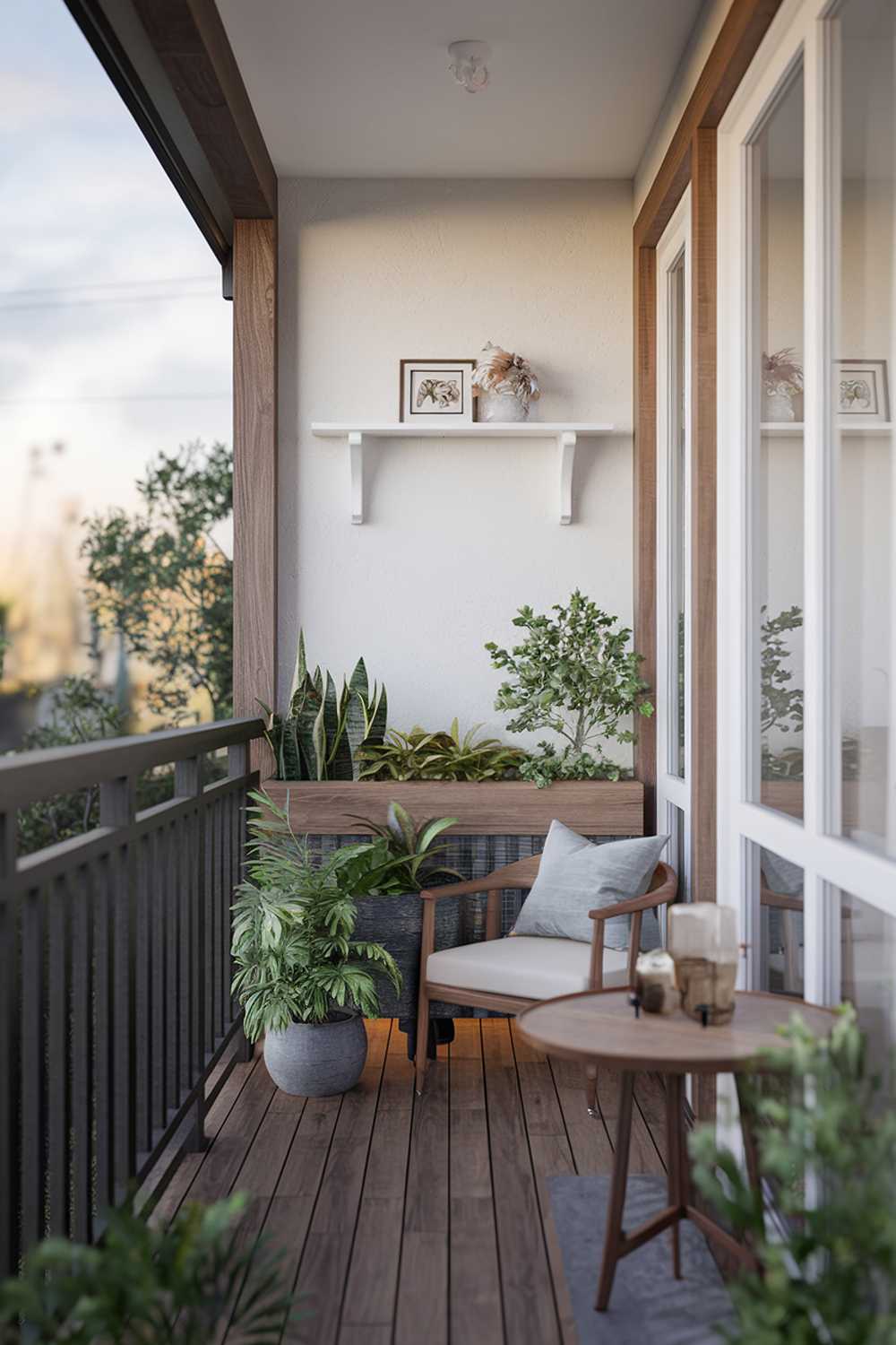 A  japandi balcony design and decor. The balcony has a wooden floor and railings. There are potted plants and a wooden planter on the balcony. At the corner, there is a small wooden table and a chair. The wall has a white shelf with a few decorative items. The background reveals a serene outdoor setting.