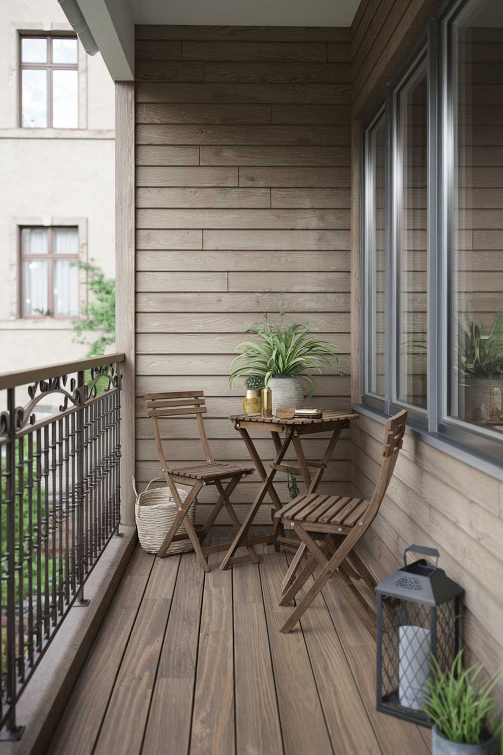 A Japandi balcony design and decor. The balcony has a wooden floor and features a rustic wooden table with two chairs. There's a potted plant on the table. The railing is made of iron. The wall has a wooden paneling. The balcony has a few items like a basket and a lantern. The background reveals a building with windows. The overall design has a serene atmosphere.