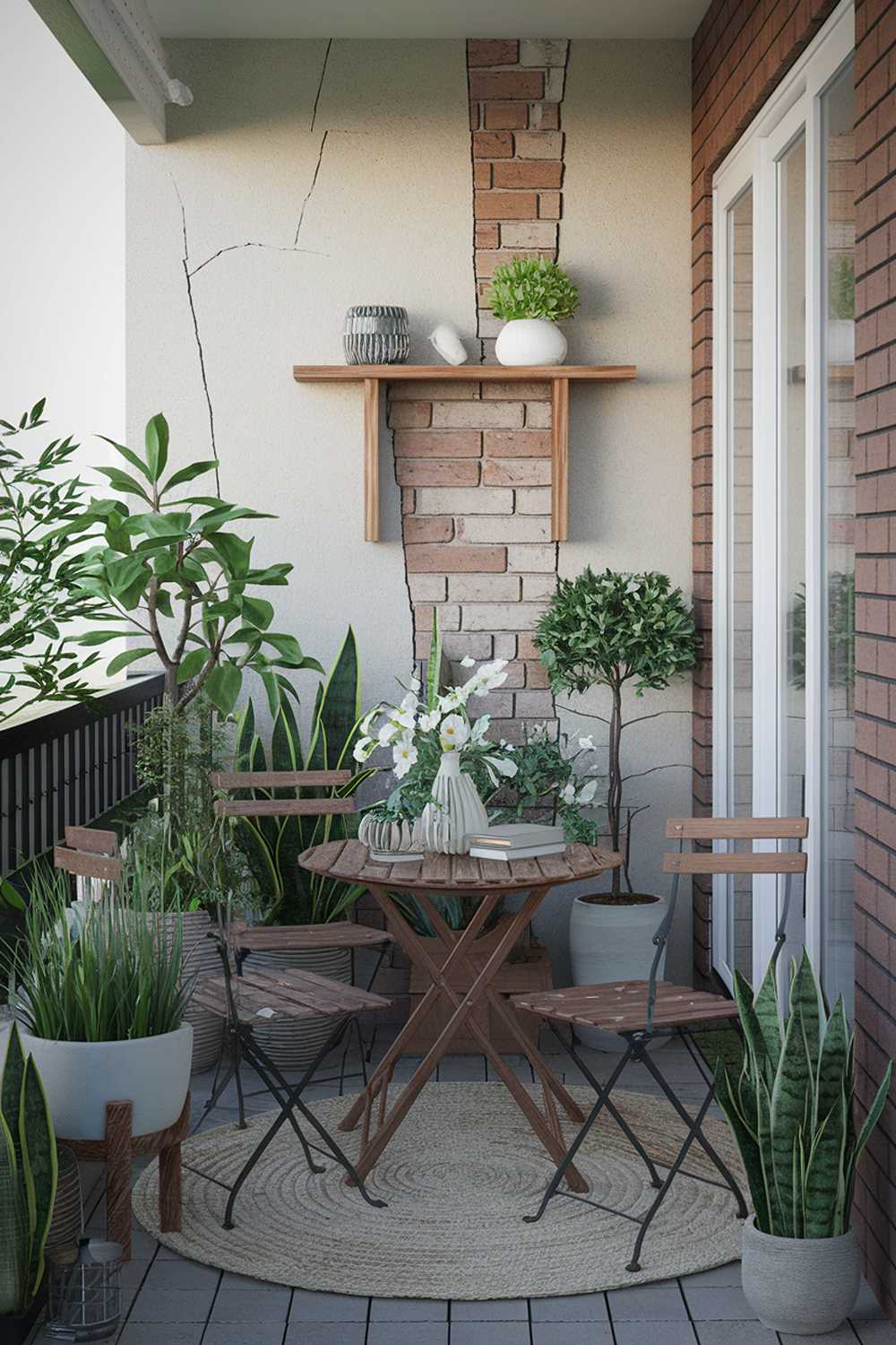 A Japandi balcony design and decor. The balcony is furnished with a rustic wooden table and chairs. There are potted plants with green leaves and a few with white flowers. There's a minimalist beige rug on the floor. The wall has a wooden shelf with a few items, including a white vase with a green plant. The background contains a brick wall with a few cracks. The overall ambiance is serene and inviting.