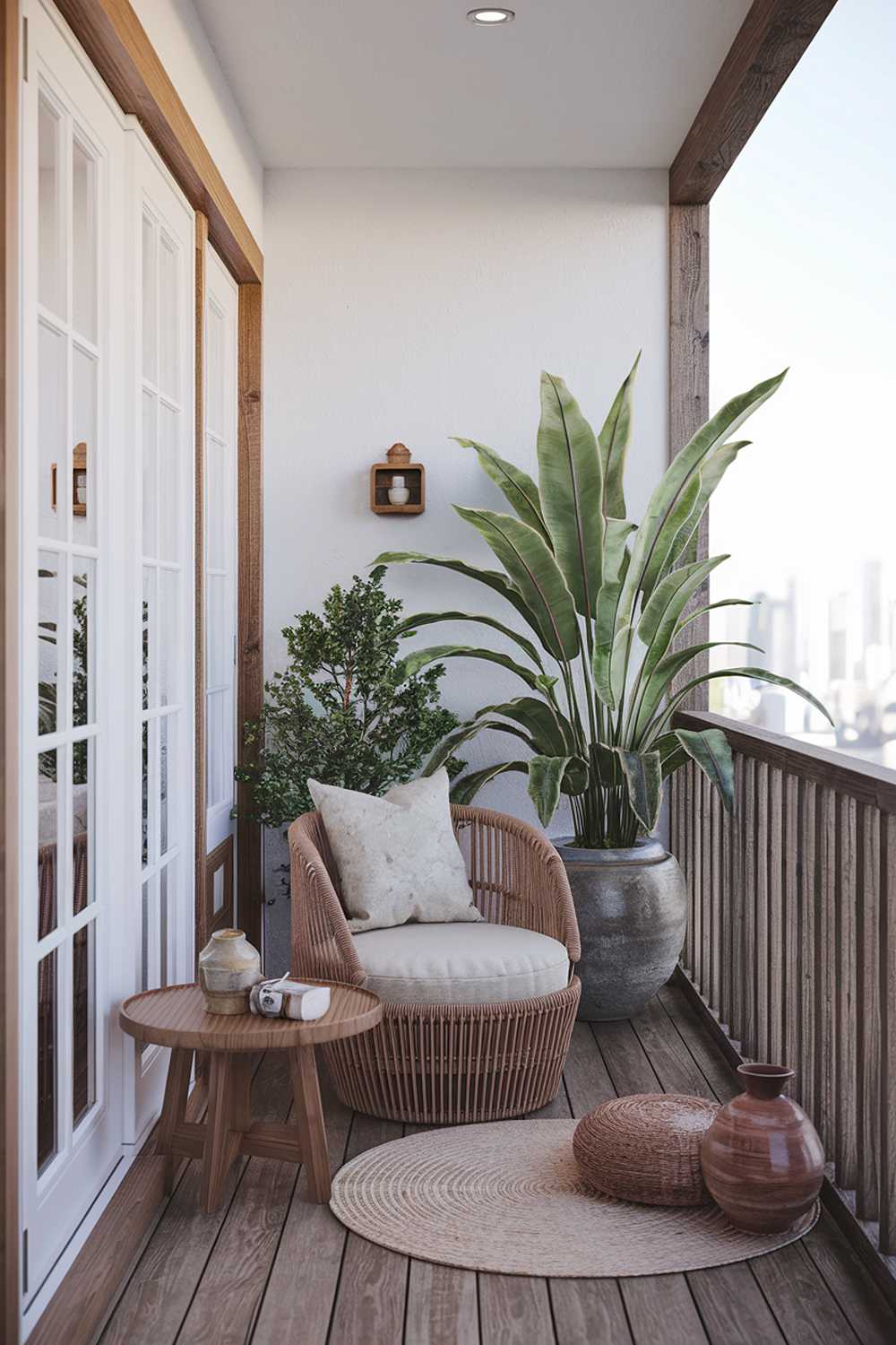 A Japandi balcony design and decor. The balcony has a rustic wooden floor and is furnished with a comfortable wicker chair and a small wooden table. There's a large, potted plant in the corner. The railing is made of wood. The walls are painted white. There are a few decorative items, including a small wooden box and a ceramic pot. The background reveals a city skyline.