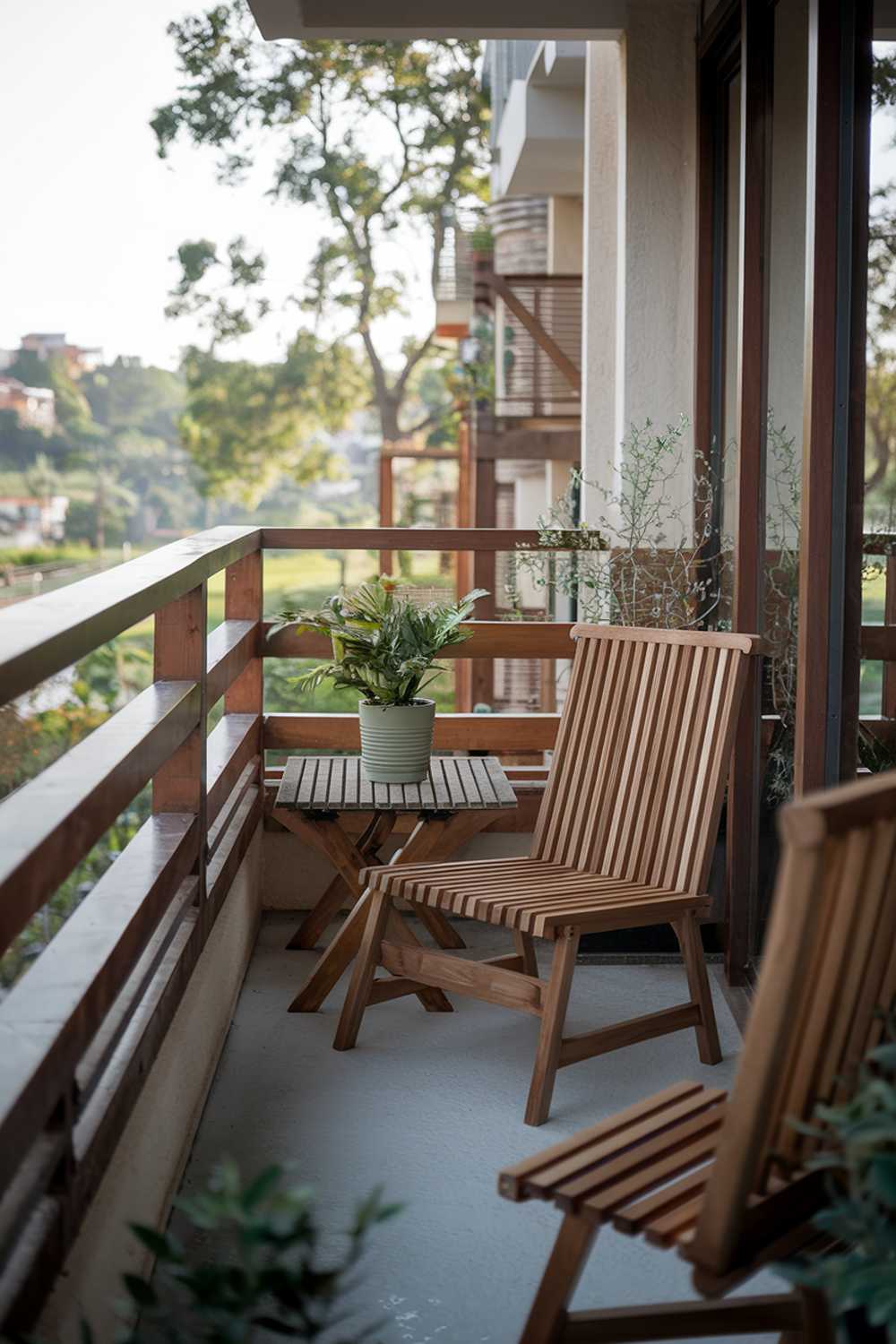 A Japandi balcony design and decor. The balcony is furnished with a wooden chair and a small table, both made of wood. There is a plant pot with a green plant on the wooden table. The balcony has a wooden railing. The background reveals a serene landscape with trees and buildings.