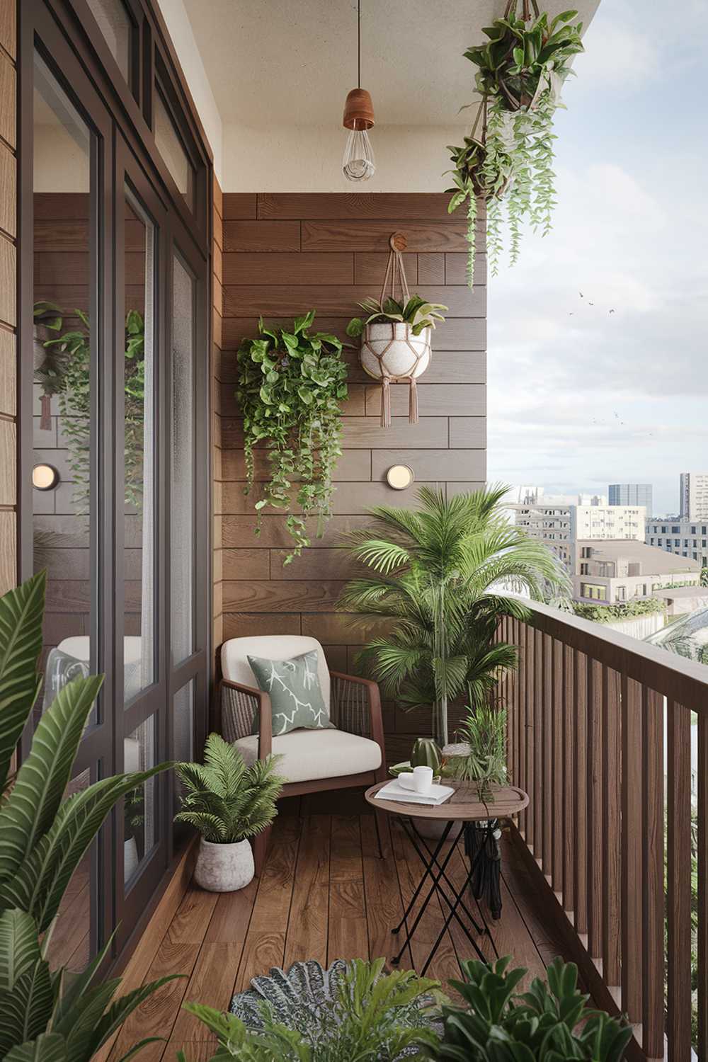 A Japandi balcony design and decor. The balcony has a wooden floor and features a few potted plants. There is a small wooden table and a chair. The wall has a wooden paneling and a few hanging plants. The railing is made of wood. The background reveals a cityscape with buildings.