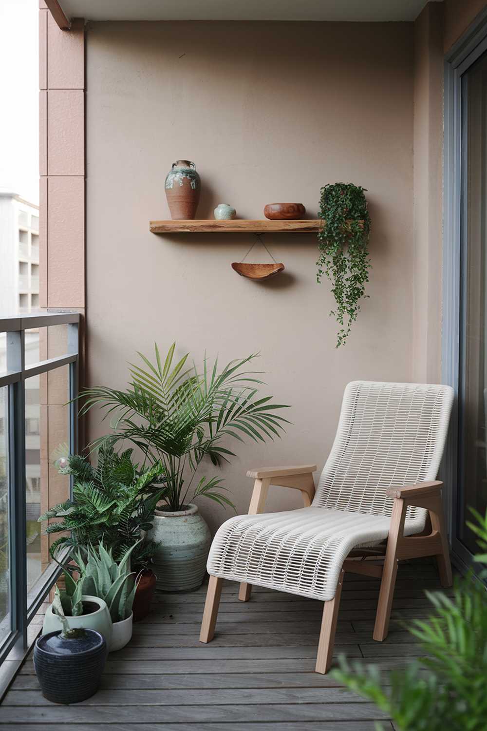 A Japandi balcony design and decor. There is a wooden deck flooring with a few potted plants. A white lounge chair with a wooden frame is placed on the deck. A wooden wall shelf holds a few decorative items, including a ceramic pot, a small plant, and a wooden bowl. The wall behind the shelf is painted in a soft beige color. The balcony is surrounded by a glass railing.