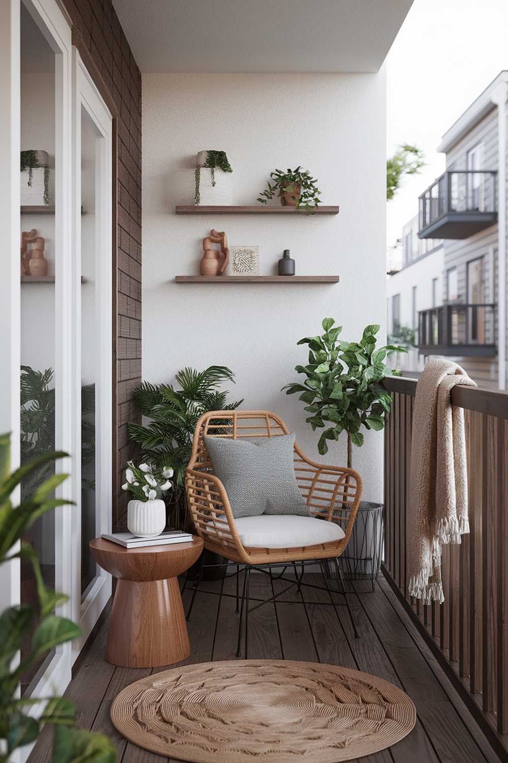 A Japandi balcony design and decor. The balcony is adorned with a wooden deck, a rattan outdoor chair, a wooden side table, and a potted plant. A beige blanket is draped over the railing. The wall behind the balcony has a few shelves with decorative items. The background contains a few buildings.