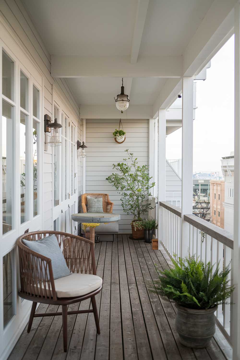 A japandi balcony design and decor. The balcony features a wooden floor, white walls, and a few pieces of furniture, including a chair, a table, and a potted plant. There is also a hanging lamp. The background reveals a cityscape with buildings. The overall ambiance of the photo is peaceful and serene.