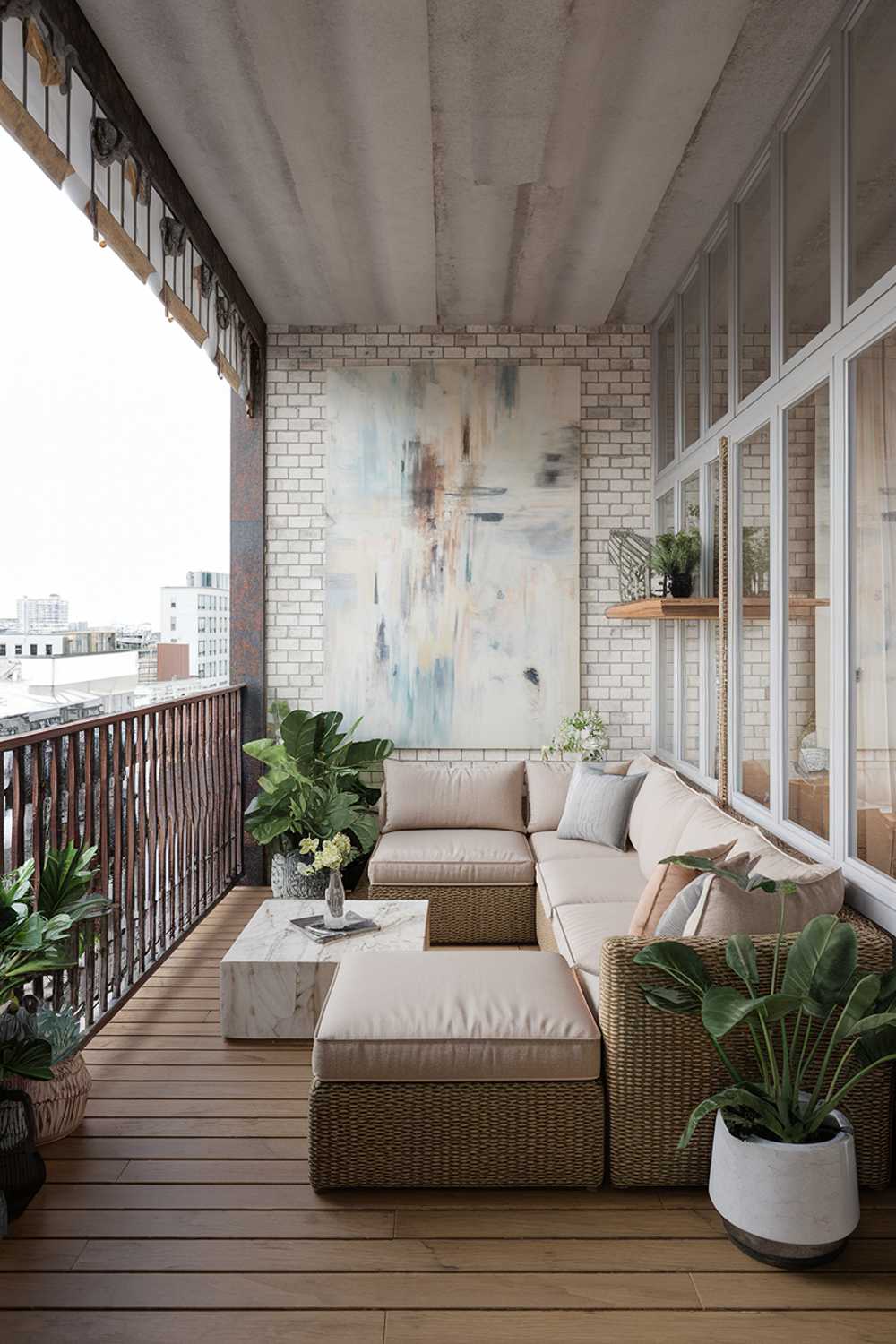 A japandi balcony design and decor. The balcony has a wooden floor and is furnished with a beige sectional sofa, a white coffee table, and a few potted plants. The walls are adorned with a large, abstract painting and a few shelves with decorative items. The balcony has a rustic, industrial-style railing. The background reveals a cityscape with buildings.