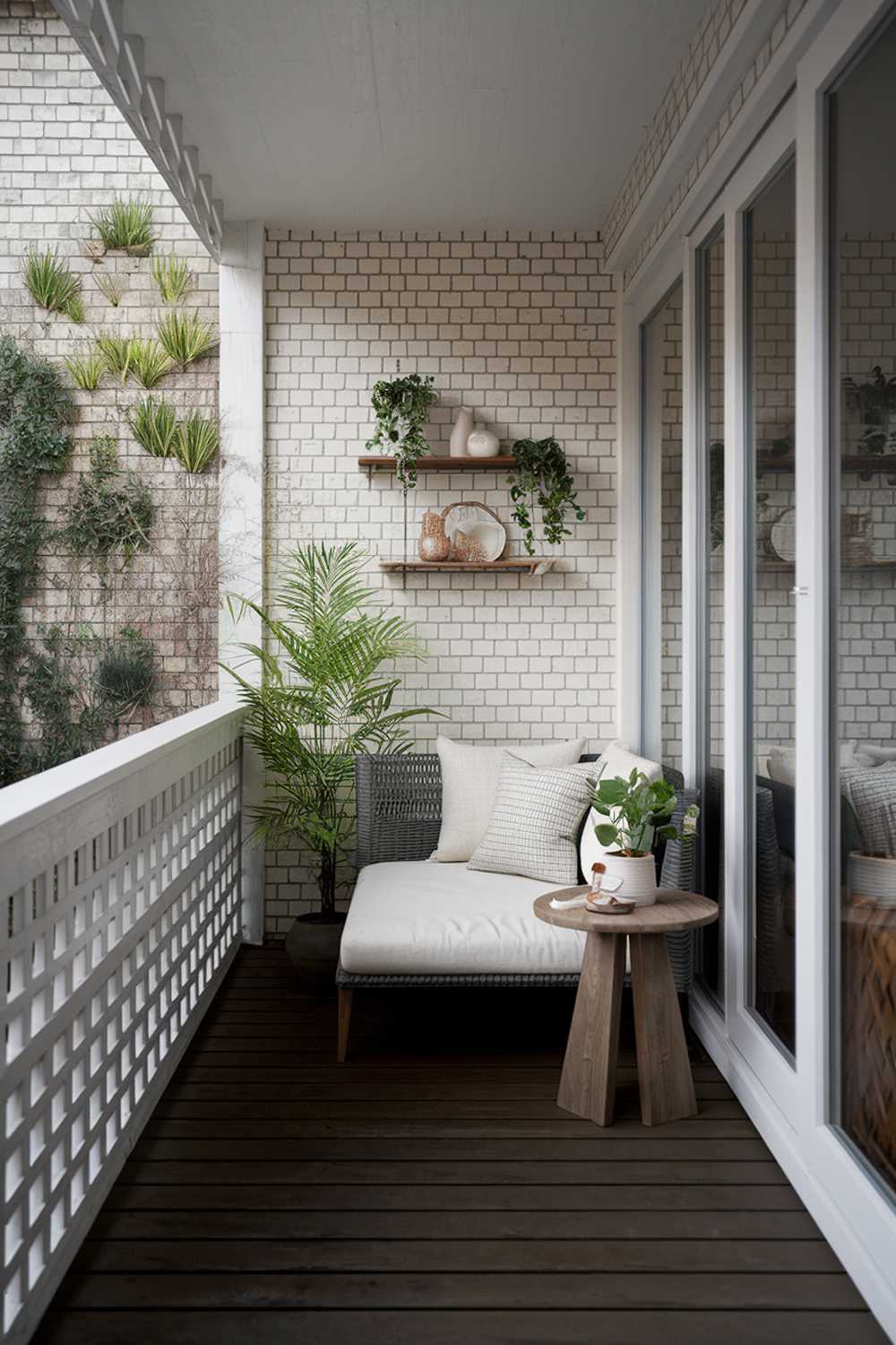 A Japandi balcony design and decor. The balcony features a white wooden lattice railing and a dark wooden floor. There's a white couch with a few cushions, a potted plant, a wooden side table, and a wall shelf with a few decorative items. The background contains a brick wall with a few plants. The lighting is soft.