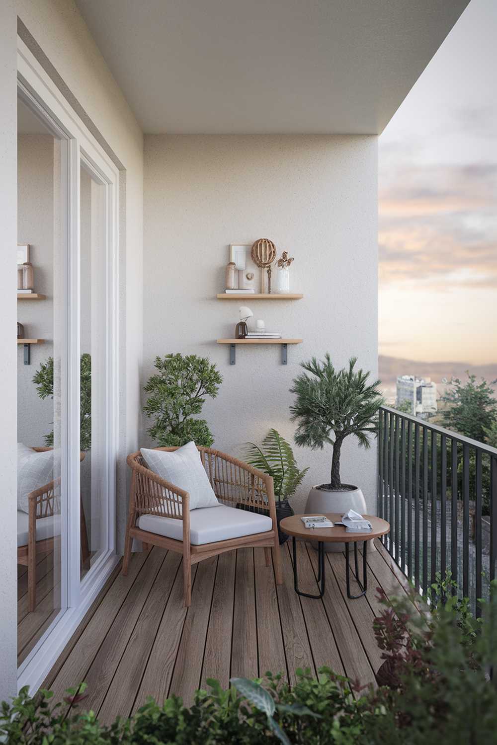 A Japandi balcony design and decor. The balcony has a wooden deck with a few potted plants. There is a wooden chair and a small wooden table. On the wall, there is a minimalist wooden shelf with a few decorative items. The background reveals a scenic view of a city.