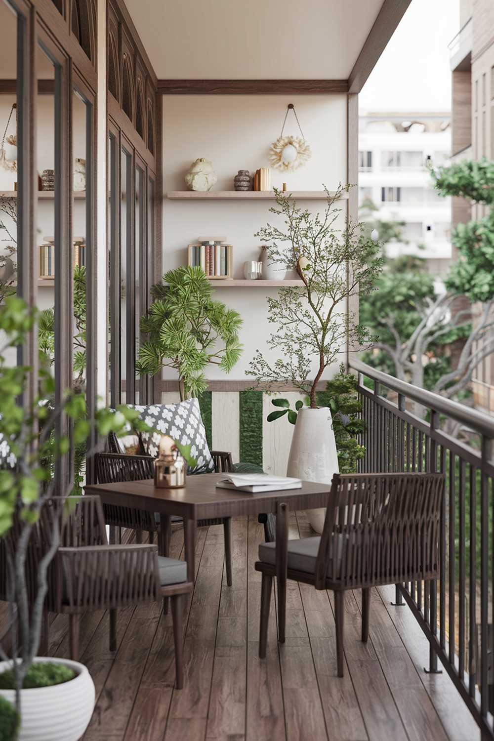 A Japandi balcony design with decor. The balcony has a wooden floor and is furnished with a dark wooden table and chairs. There are potted plants with green leaves and a white vase. The railing is made of metal. The walls have white shelves with decorative items. The background contains buildings and trees.