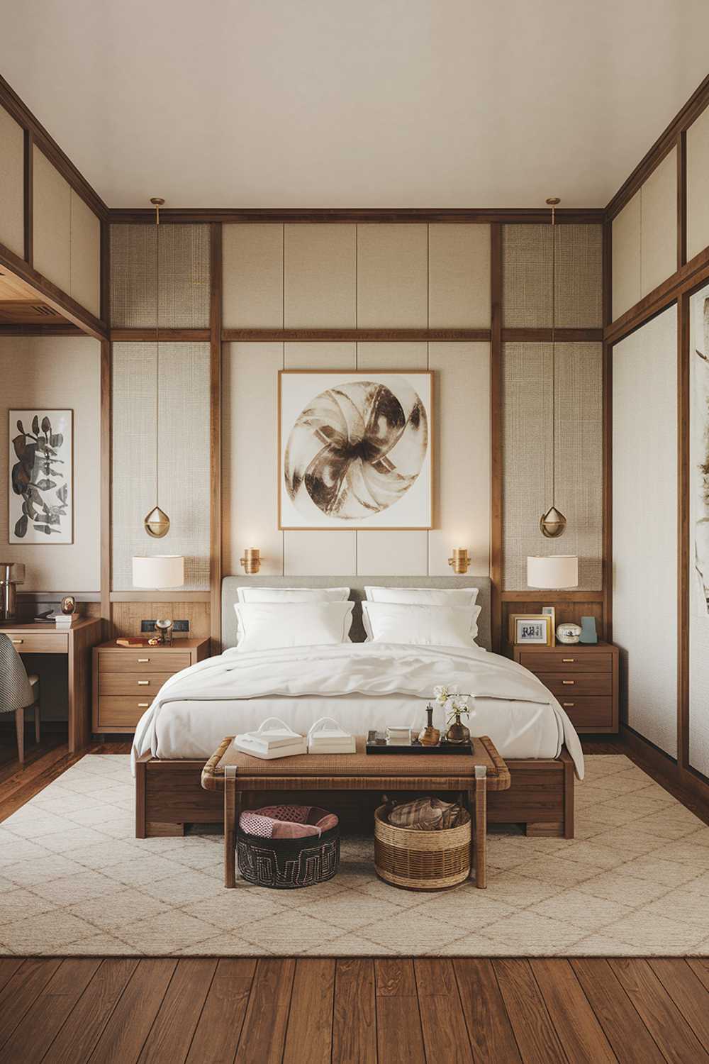 A medium shot of a cozy Japandi bedroom design and decor. The room has a wooden floor and features a king size bed with white linens. There are two nightstands, one on either side of the bed. The room has a few pieces of furniture, including a chest of drawers and a desk. The walls have a few pieces of art. The room has a warm and inviting ambiance.