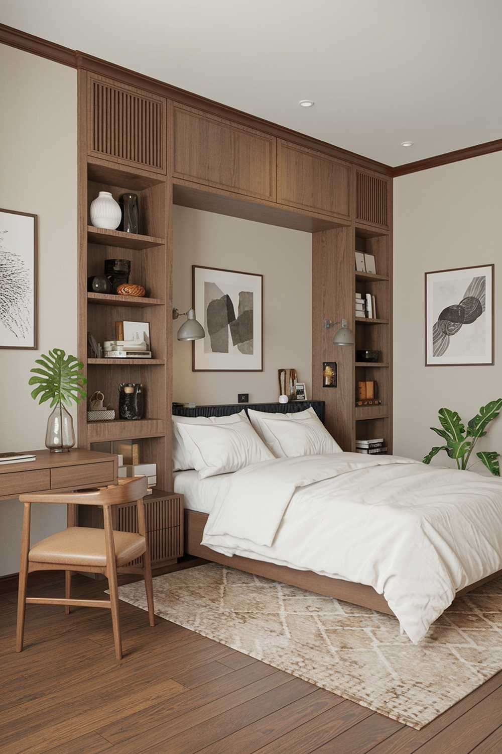 A Japandi bedroom design and decor. The room has a wooden floor and features a king-size bed with a white duvet and two white pillows. The bed is placed against a wall with built-in wooden shelves. There's a beige rug beneath the bed. The room has a desk with a green plant and a wooden chair. There's a wall-mounted lamp beside the bed. The walls have a few pieces of art.