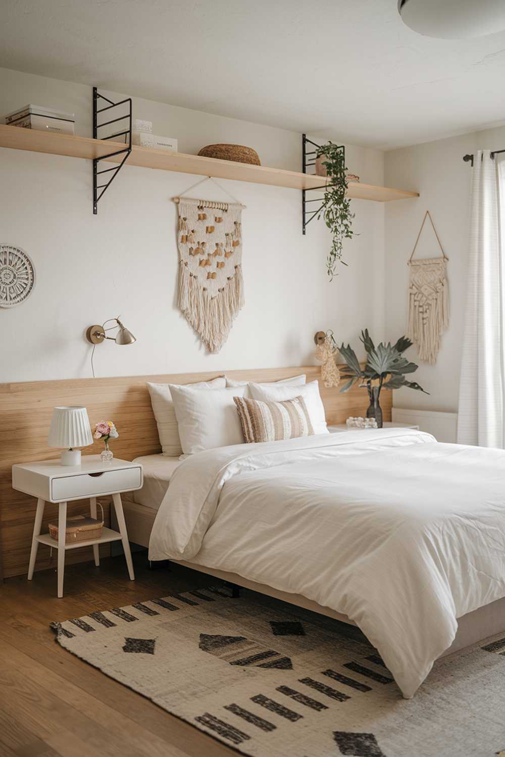 A Japandi-style bedroom with a cozy and stylish design. The room has a light wooden floor and white walls. There's a queen-size bed with a white duvet and a few pillows. The headboard is made of light wood. The room also has a white bedside table with a lamp and a small vase with a flower. There's a wooden shelf above the bed with a few items. The room has a few decorative pieces, including a wall hanging and a small plant. The lighting is soft.