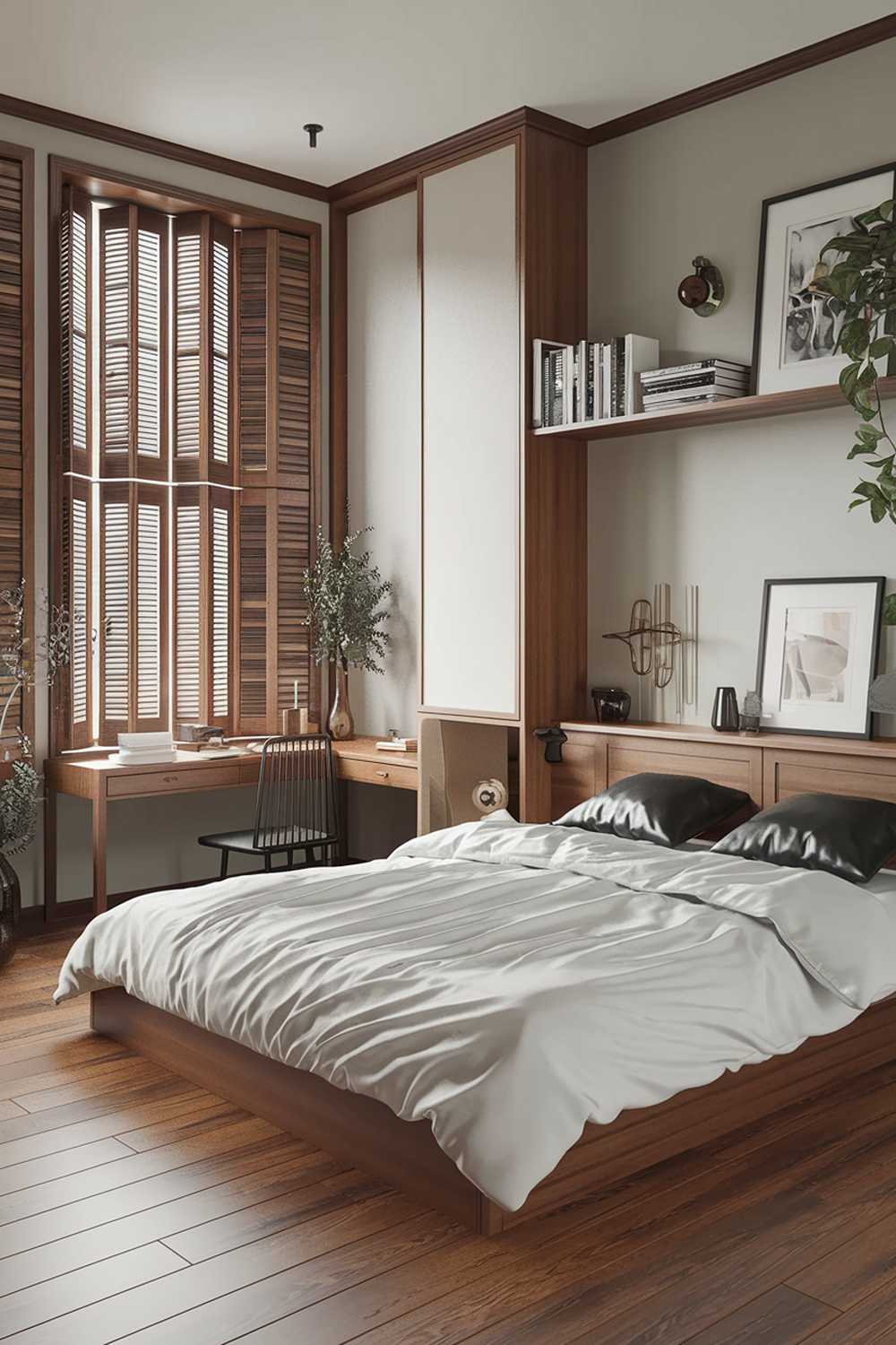 A Japandi bedroom design and decor. The room has a wooden floor and features a large window with wooden shutters. There's a queen-size bed with a white duvet and two black pillows. The bed has a wooden frame and is placed against a wall. The room has a small desk with a chair. There's a shelf above the bed, holding a few books and a decorative item. The room has a few plants and a vase. The walls are painted in a light grey color.
