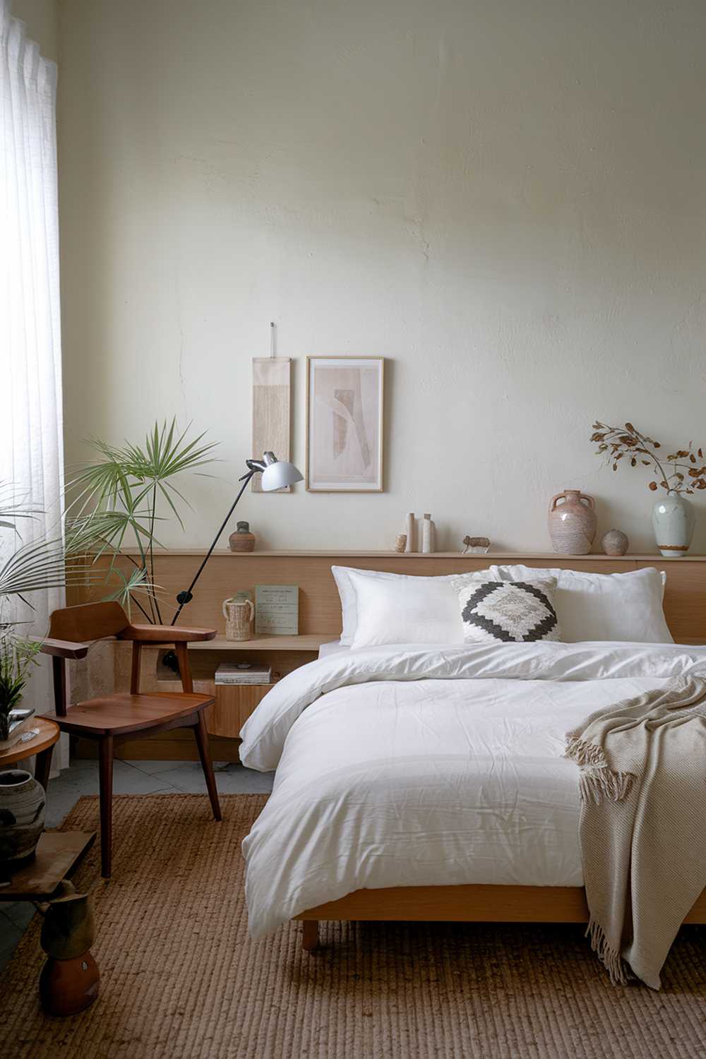 A Japandi bedroom design and decor. The room has a wooden platform bed with a white duvet and a few pillows. There is a wooden chair near the bed. The walls are painted in a light color. There is a floor lamp near the bed. The room has a few decorative items, including a plant and a ceramic vase. The floor is covered with a woven rug.