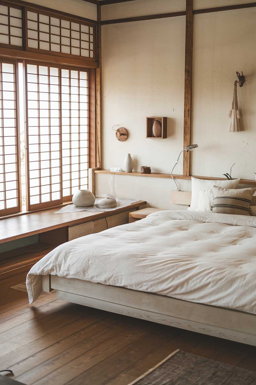 A Japandi-style bedroom with a minimalist design. The room has a wooden floor, a large window with wooden shutters, and a few pieces of furniture. There is a queen size bed with a white duvet and a few pillows. The bed frame is made of wood and has a light grey colour. There is a wooden nightstand next to the bed. The wall has a few decorative items, including a small white vase and a wooden box. There is a reading lamp on the nightstand. The room has a simple and calming atmosphere.