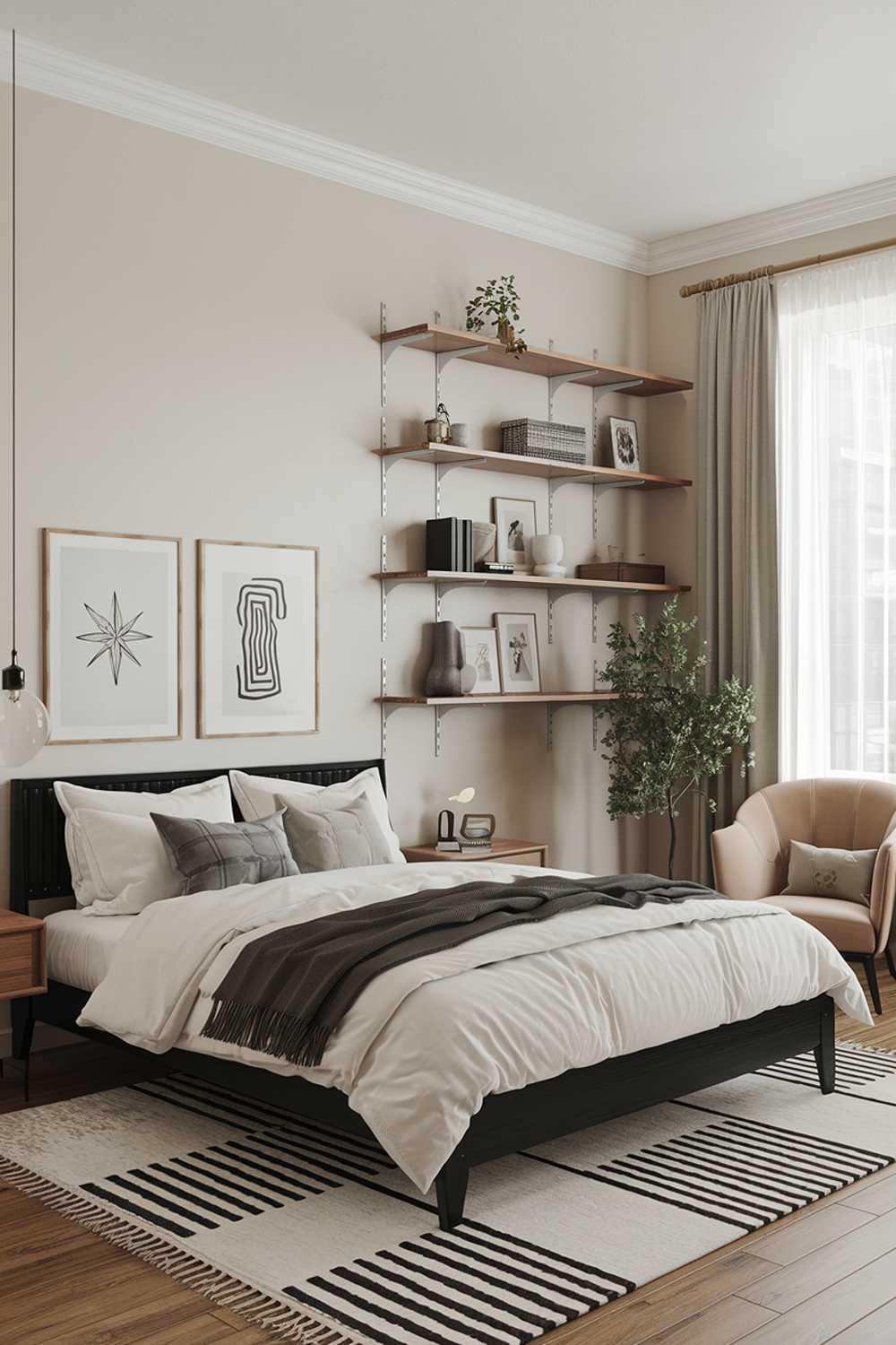 A Japandi bedroom with a high level of detail. The room has a calm and peaceful atmosphere. The room features a queen size bed with a white frame and a beige duvet cover. The bed is placed against a beige wall. There's a wooden shelf above the bed with a few decorative items. The floor is covered with a beige rug. The room has a few pieces of furniture, including a wooden nightstand, a white chair, and a wooden cabinet. The lighting is soft and warm.Japandi bedroom design and decor. The room has a white wooden platform bed with a black frame and a white duvet cover. There's a black and white striped rug beneath the bed. The walls are adorned with minimalist artwork. A beige armchair is placed near the window. The room has wooden shelves, a potted plant, and a few decorative items. The lighting is soft.