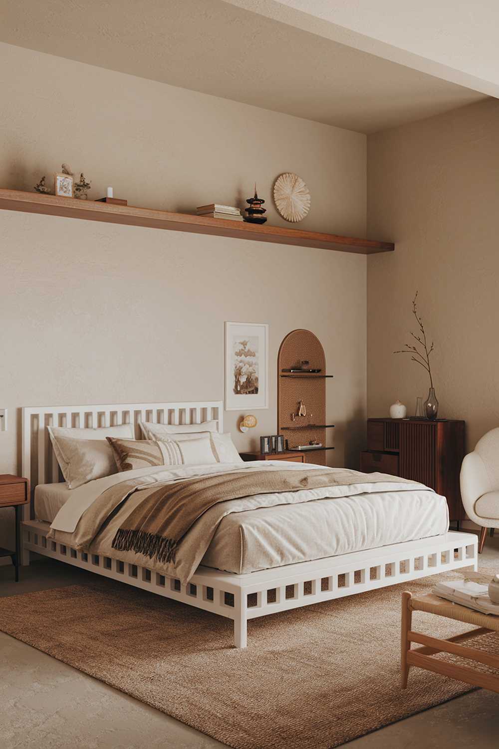 A stylish and cozy Japandi bedroom with a high level of detail. The room has a calm and peaceful atmosphere. The room features a queen size bed with a white frame and a beige duvet cover. The bed is placed against a beige wall. There's a wooden shelf above the bed with a few decorative items. The floor is covered with a beige rug. The room has a few pieces of furniture, including a wooden nightstand, a white chair, and a wooden cabinet. The lighting is soft and warm.