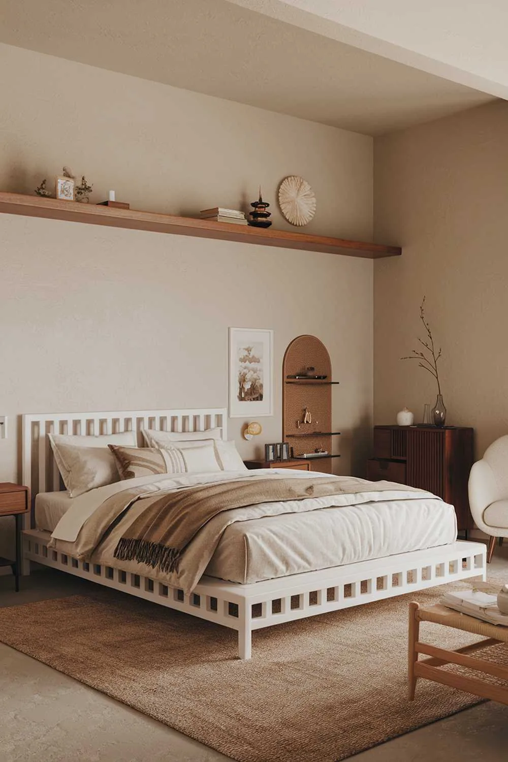 A stylish and cozy Japandi bedroom with a high level of detail. The room has a calm and peaceful atmosphere. The room features a queen size bed with a white frame and a beige duvet cover. The bed is placed against a beige wall. There's a wooden shelf above the bed with a few decorative items. The floor is covered with a beige rug. The room has a few pieces of furniture, including a wooden nightstand, a white chair, and a wooden cabinet. The lighting is soft and warm.
