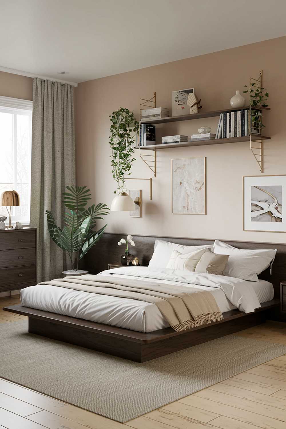 A Japandi bedroom design and decor. The room has a light wooden floor and dark wooden furniture. There is a platform bed with white sheets and a beige blanket. The bed is placed on a beige rug. The room has a few decorative items, including a plant, a lamp, and a wall shelf with books. The walls are painted a soft beige.