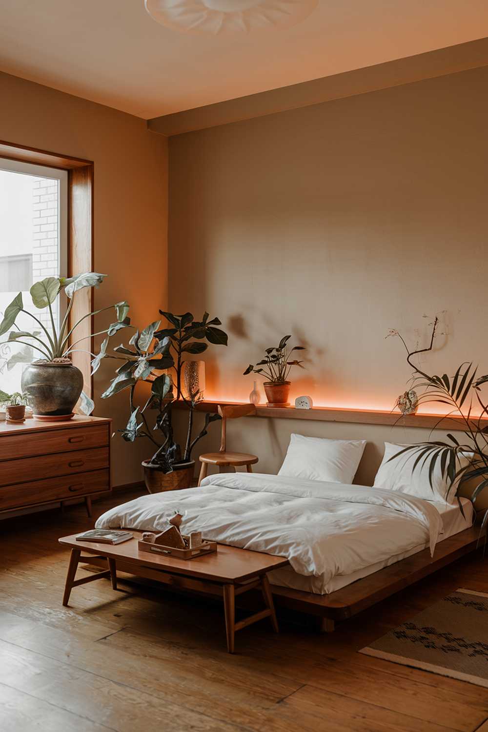 A Japandi bedroom design and decor. The room has a wooden floor and is furnished with a low wooden bed, a wooden dresser, and a wooden chair. The walls are painted in a soft beige color. There are several potted plants in the room, including a large one near the window. The room has a small wooden shelf near the window with a few decorative items. The bed is made with a white duvet and two pillows. There is a soft orange light illuminating the room.