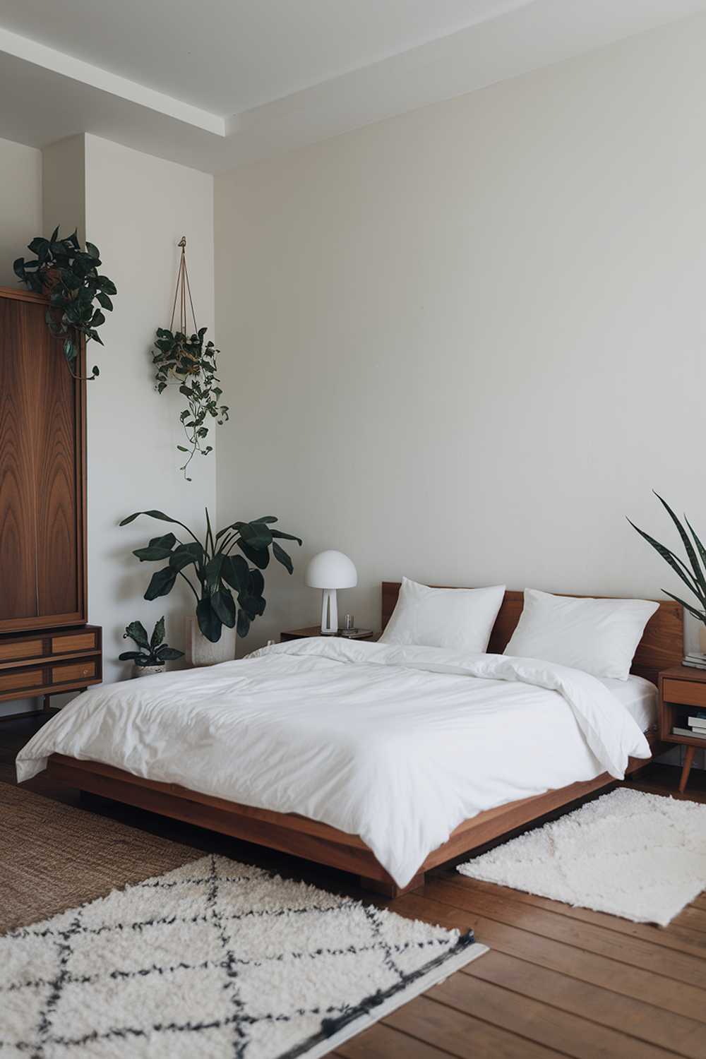 A minimalist Japandi-style bedroom with a stylish design. The room has a white wall, a wooden floor, and a few pieces of furniture. There is a wooden platform bed with a white duvet cover and two white pillows. Next to the bed is a wooden nightstand with a white lamp. In the corner, there is a wooden cabinet with a few items. The room has a few plants and a white rug. The lighting is soft.