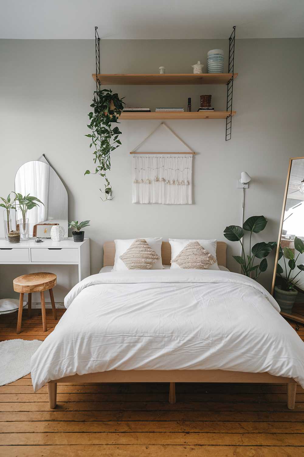 A minimalist Japandi bedroom design. The room has a wooden floor and features a queen-size bed with a white duvet and two wooden pillows. There's a white dresser with a mirror and a few accessories beside the bed. A wooden shelf hangs on the wall above the bed and holds a few items. The room has a few plants and a lamp. The walls are painted in a light gray color.