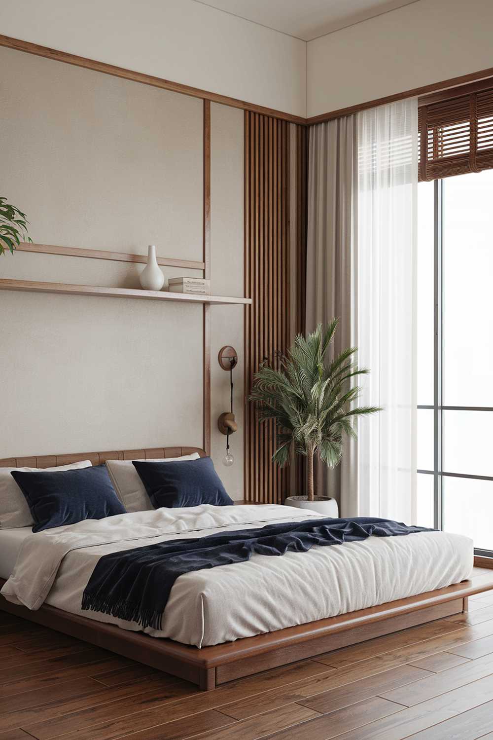 A Japandi bedroom design with a serene atmosphere. The room has a wooden floor and is furnished with a queen-sized bed with a white linen cover and two navy blue pillows. The bed is placed against the wall and has a wooden frame. The walls have a beige tone and have a few pieces of decor, including a potted plant and a wooden wall shelf with a white vase and a beige pillow. The room has a large window with a white curtain and a wooden blind. The lighting is soft.