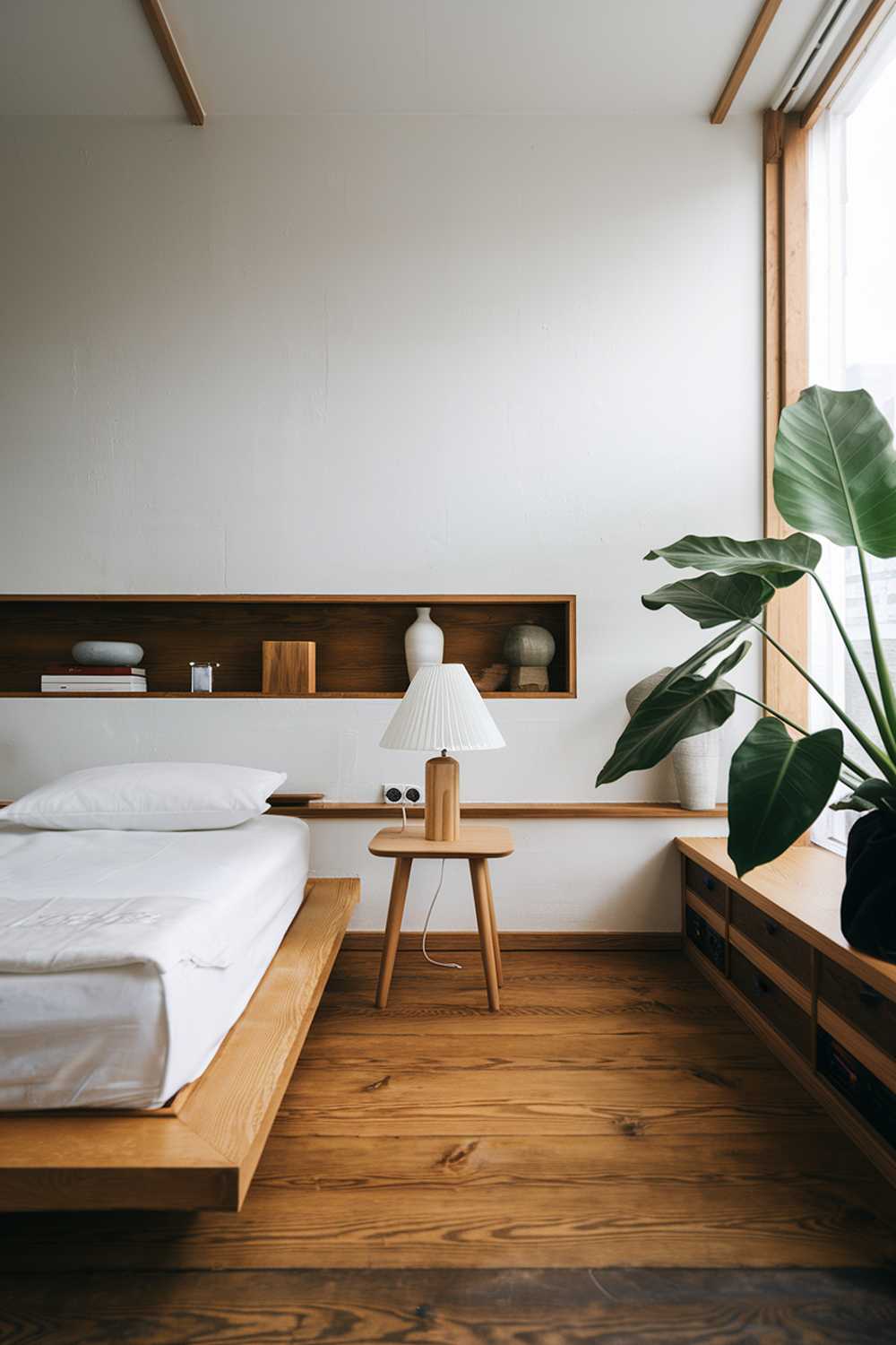 A Japandi bedroom with a high level of detail. The room has a minimalist design with a few key pieces of furniture. There's a wooden platform bed with white sheets and a wooden frame. Next to the bed, there's a small wooden side table with a white lampshade. The room has a white wall with a built-in wooden shelf. The floor is made of wooden planks. There's a large, green plant near the window. The room has a few decorative items, including a white vase and a wooden box.