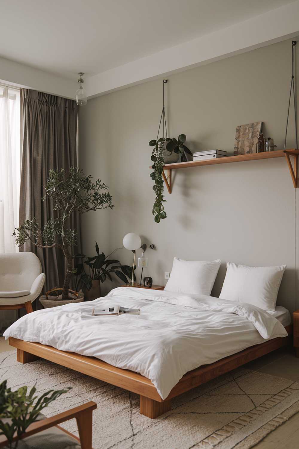 A cozy stylish Japandi bedroom design with a high level of detail. The room has a wooden platform bed with a white duvet cover and two white pillows. There's a beige rug beneath the bed. On the wall opposite the bed, there's a wooden shelf with a few items. There's a white chair in the corner. The room has a few plants, including a small tree. The walls are painted a light gray color.